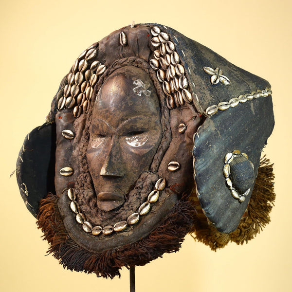 Vintage Dan Cowrie Shell Ceremonial African Tribal Mask Hand-Carved Wood-G6004
