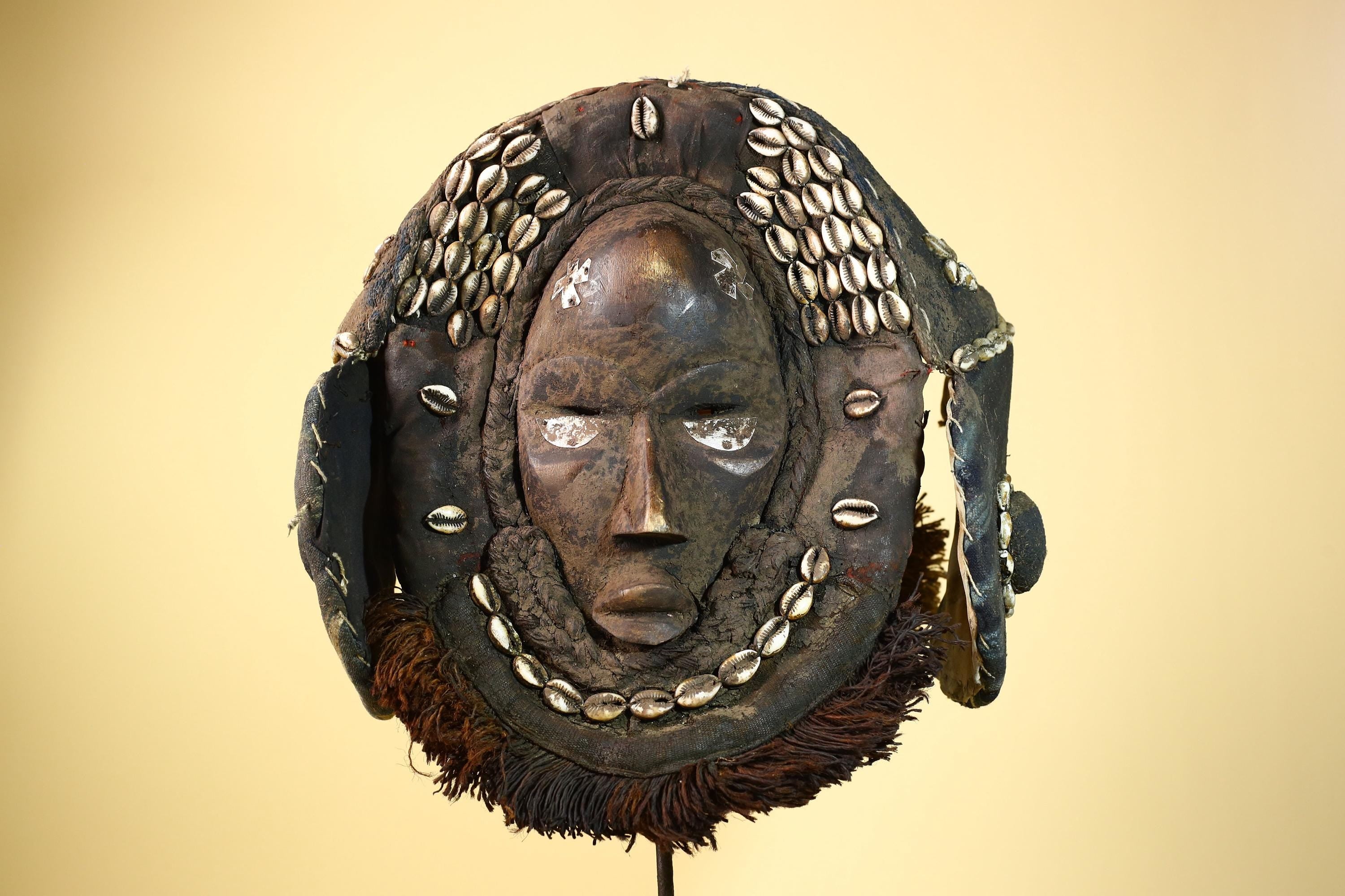 Vintage Dan Cowrie Shell Ceremonial African Tribal Mask Hand-Carved Wood-G6004
