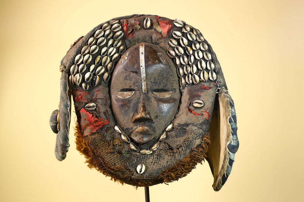 African Antique Dan Mask With Cowrie Shell Crown Fabric Trim Tribal Wood -G6006