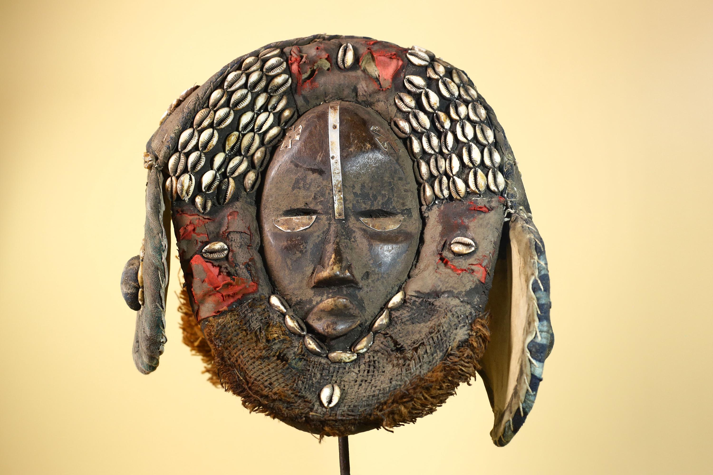 African Antique Dan Mask With Cowrie Shell Crown Fabric Trim Tribal Wood -G6006