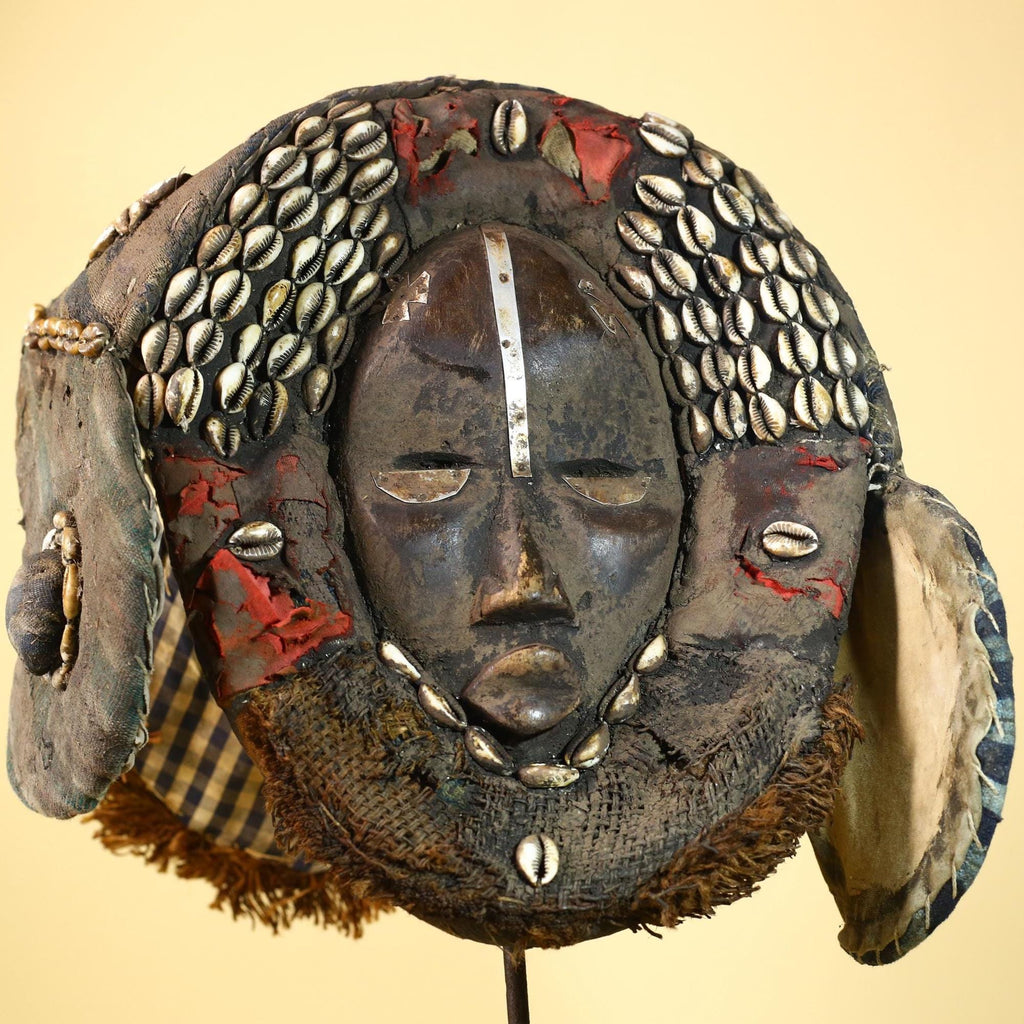African Antique Dan Mask With Cowrie Shell Crown Fabric Trim Tribal Wood -G6006