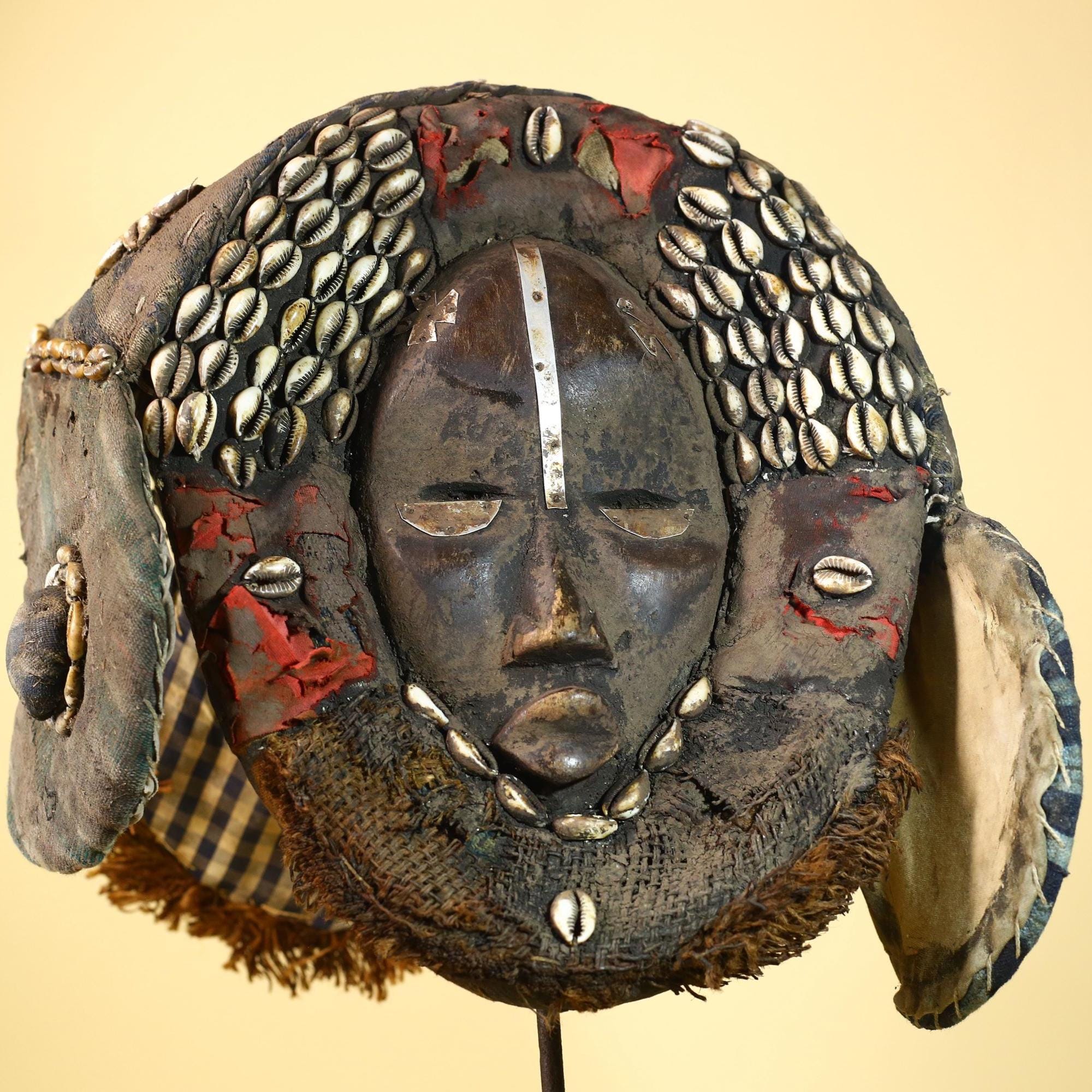 African Antique Dan Mask With Cowrie Shell Crown Fabric Trim Tribal Wood -G6006