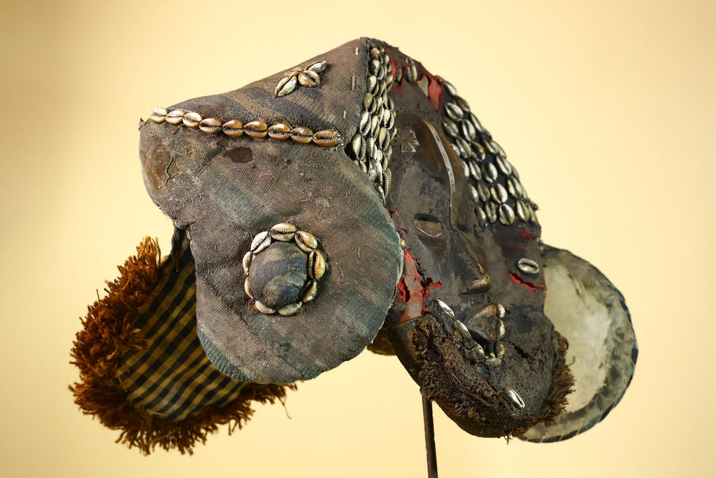 African Antique Dan Mask With Cowrie Shell Crown Fabric Trim Tribal Wood -G6006