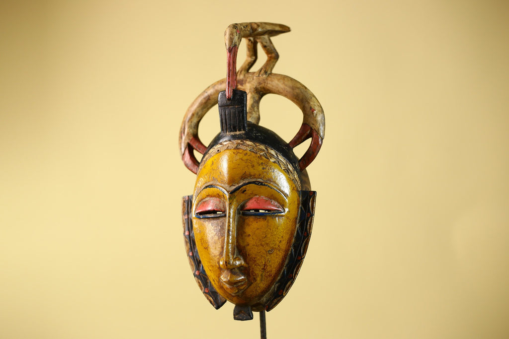 African Mask Baule Bird Crest Wooden cote d'ivoire Art Tribal Wall Decor-G6116