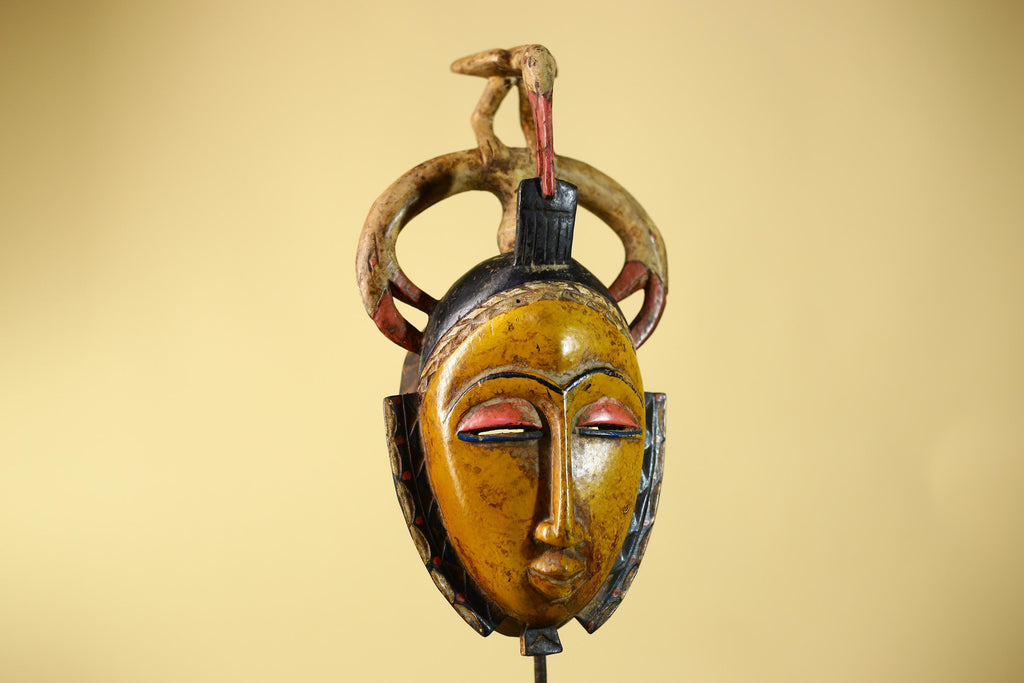 African Mask Baule Bird Crest Wooden cote d'ivoire Art Tribal Wall Decor-G6116