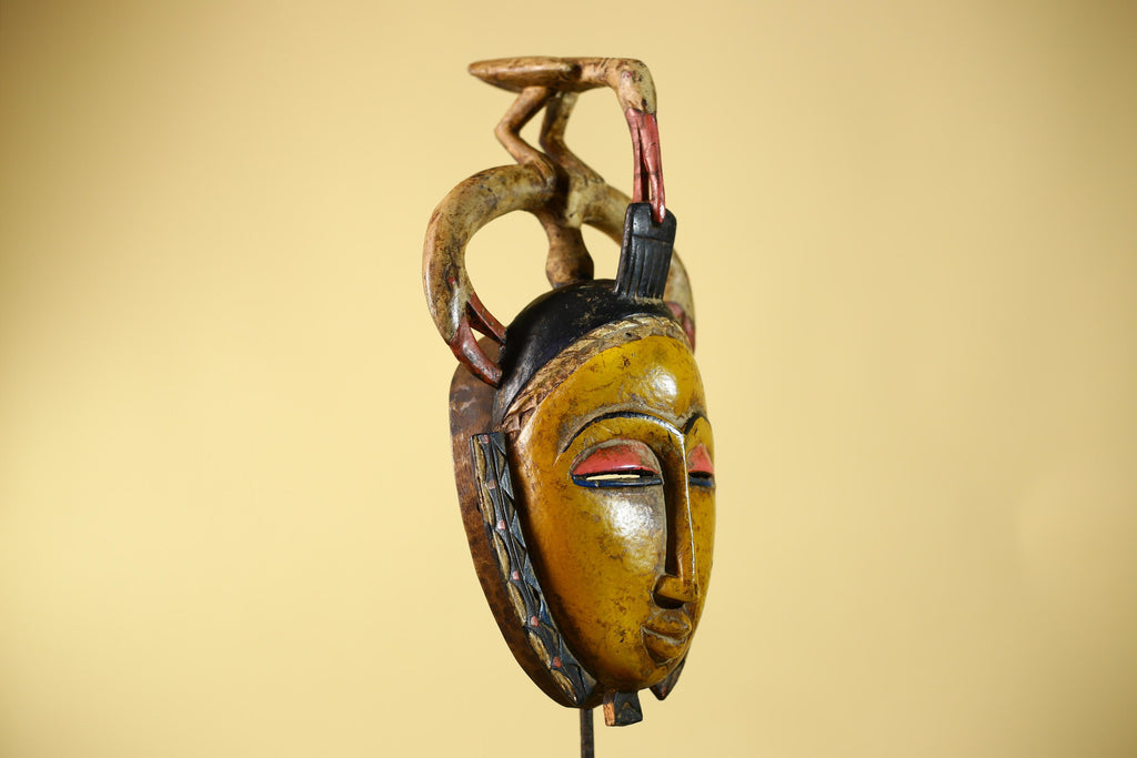African Mask Baule Bird Crest Wooden cote d'ivoire Art Tribal Wall Decor-G6116