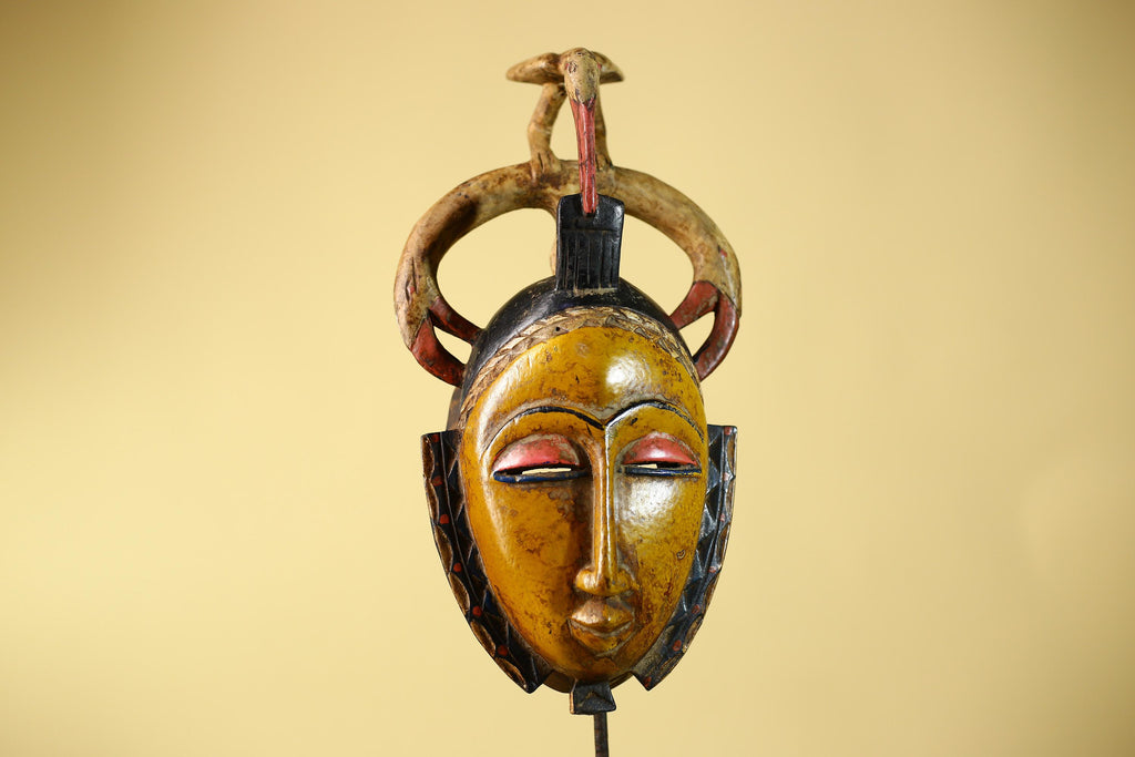 African Mask Baule Bird Crest Wooden cote d'ivoire Art Tribal Wall Decor-G6116