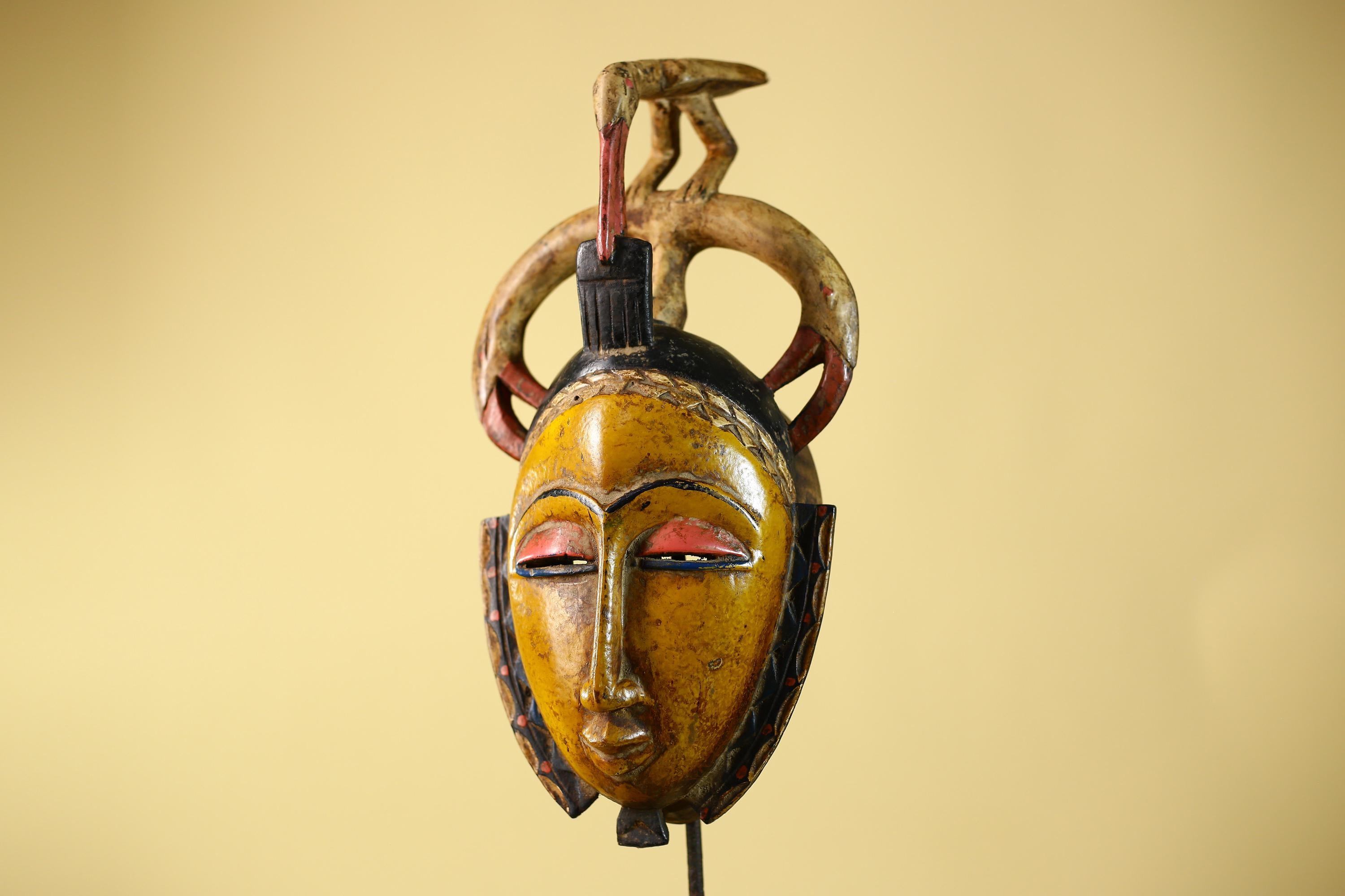 African Mask Baule Bird Crest Wooden cote d'ivoire Art Tribal Wall Decor-G6116