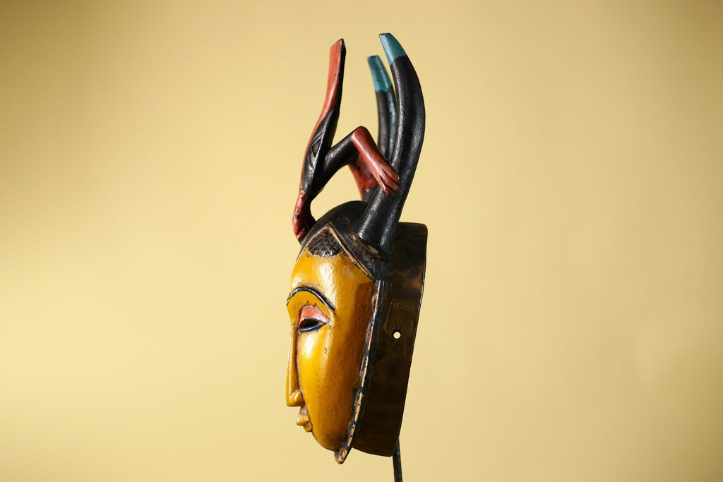 African Mask Baule Horned Crest Wooden Art Tribal Wall Decor-G6117