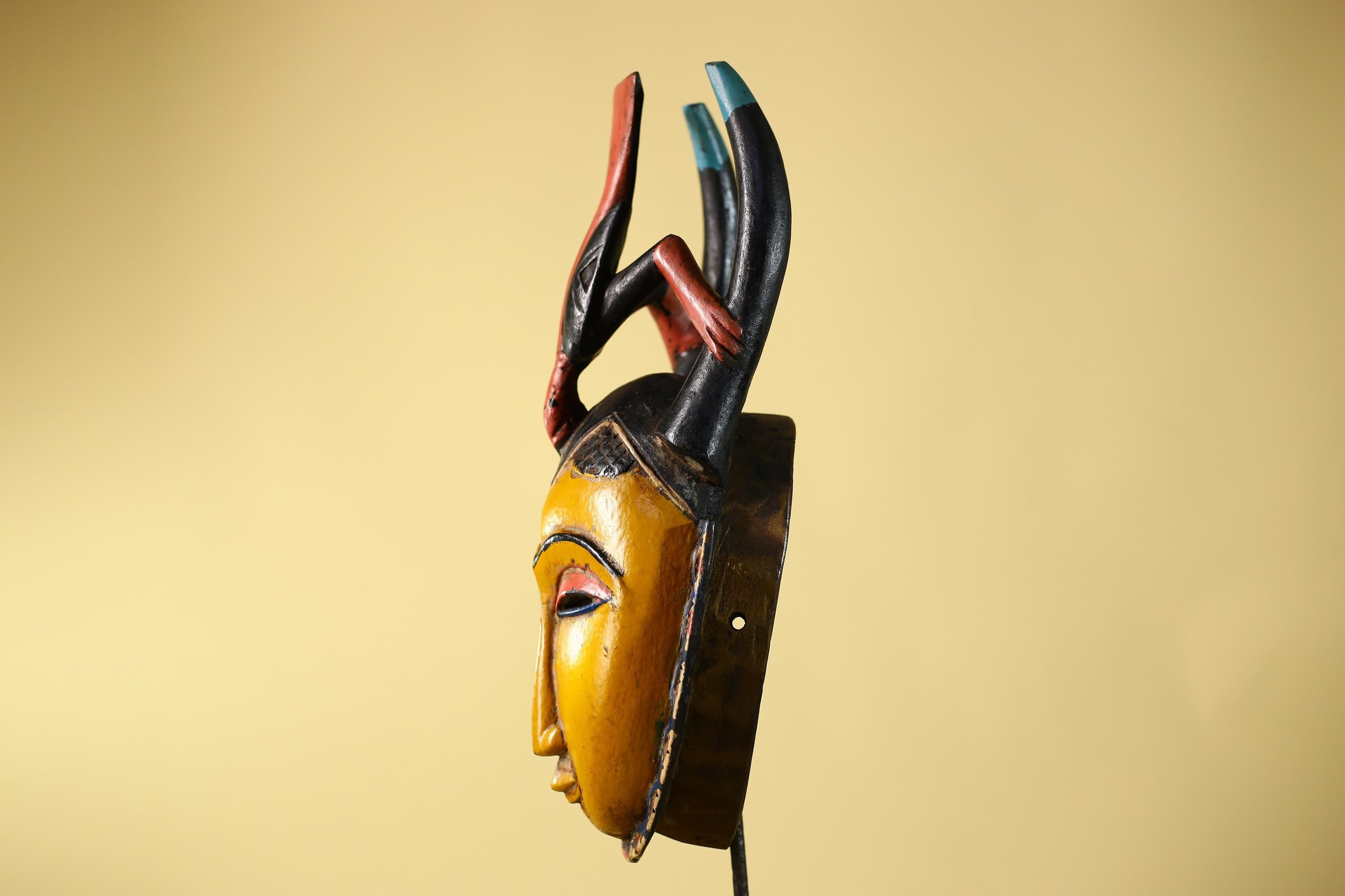 African Mask Baule Horned Crest Wooden Art Tribal Wall Decor-G6117