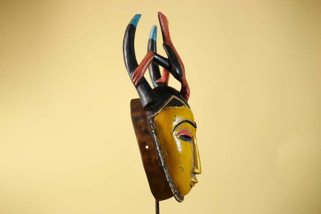 African Mask Baule Horned Crest Wooden Art Tribal Wall Decor-G6117