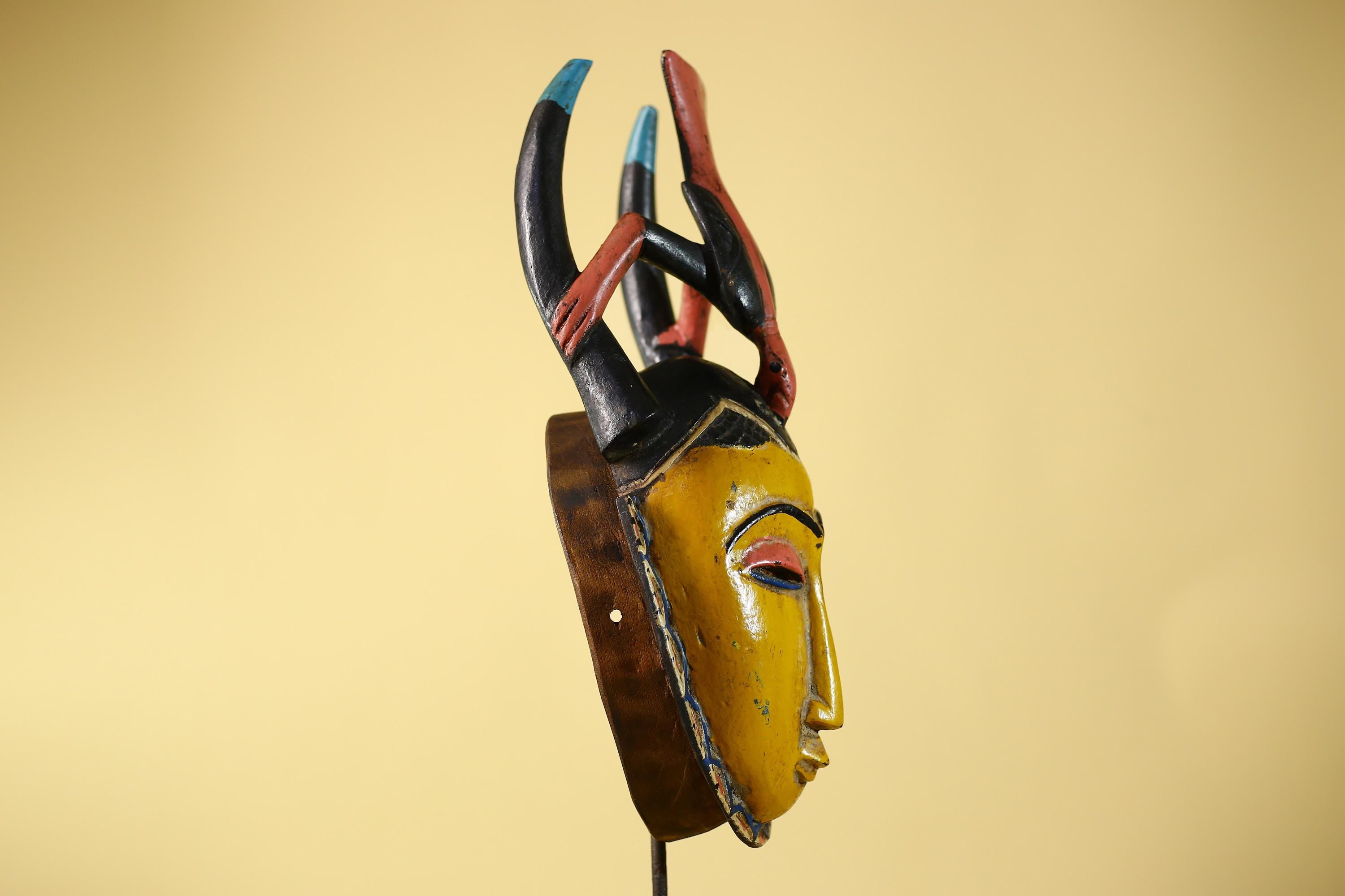African Mask Baule Horned Crest Wooden Art Tribal Wall Decor-G6117