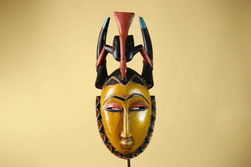 African Mask Baule Horned Crest Wooden Art Tribal Wall Decor-G6117