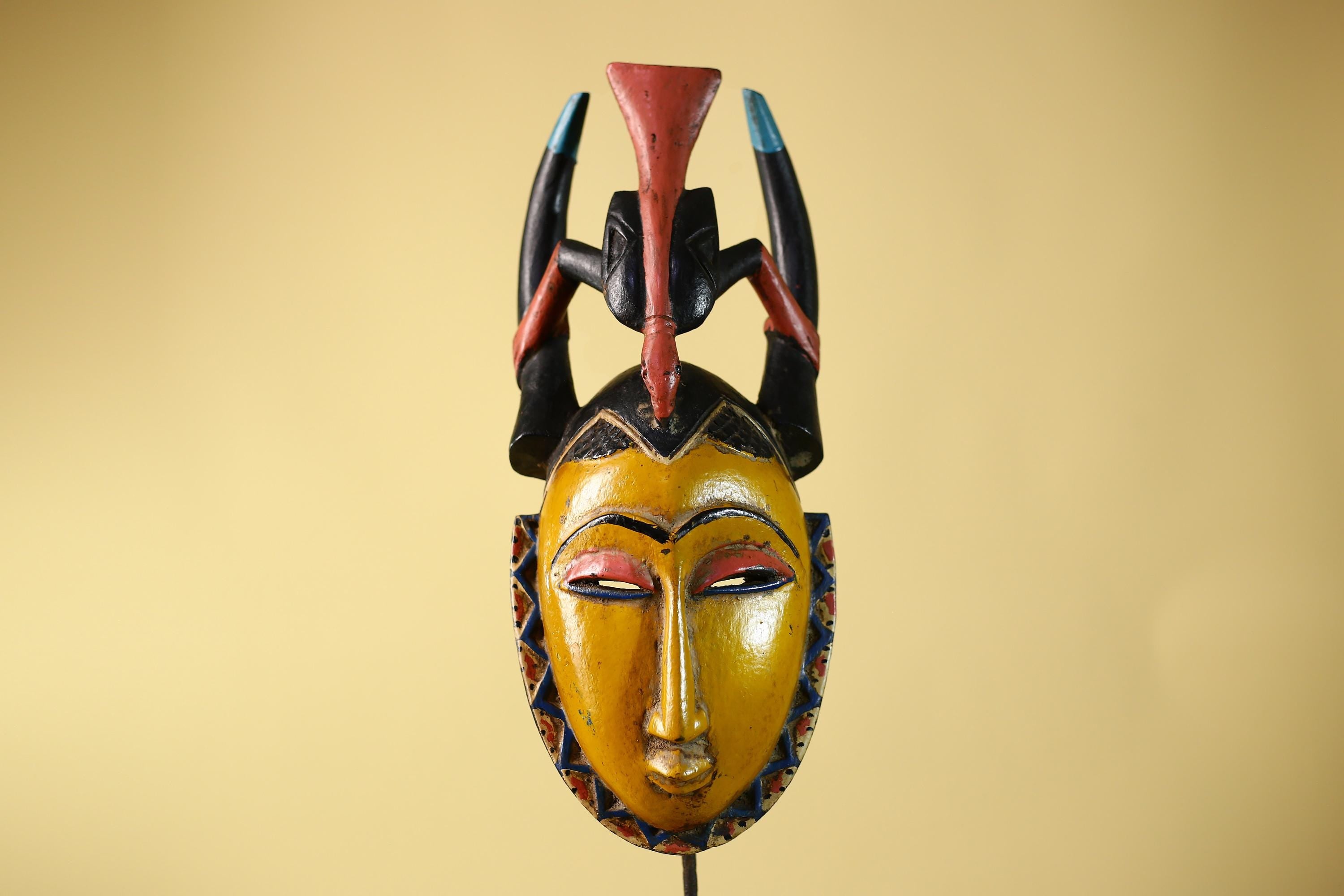 African Mask Baule Horned Crest Wooden Art Tribal Wall Decor-G6117