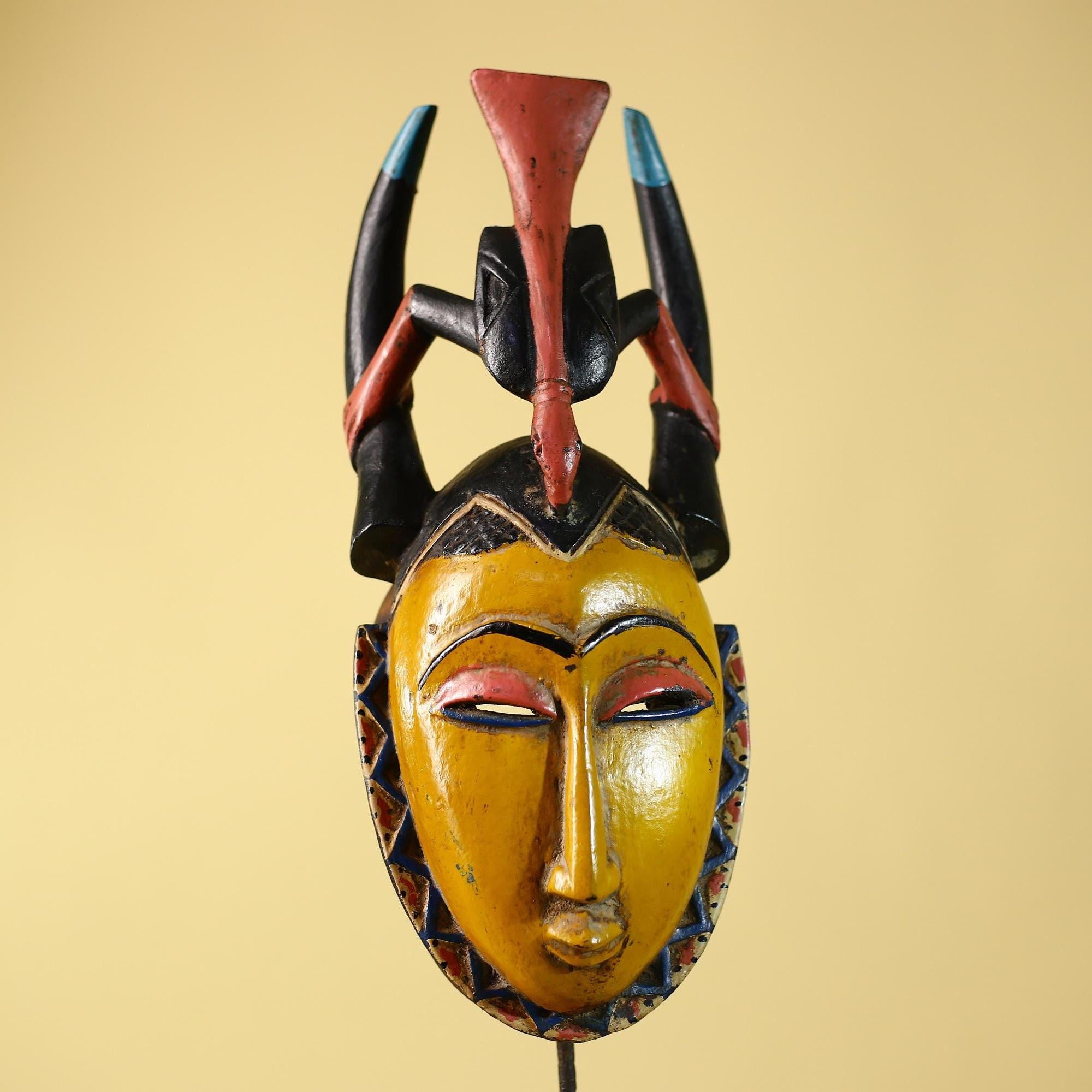 African Mask Baule Horned Crest Wooden Art Tribal Wall Decor-G6117
