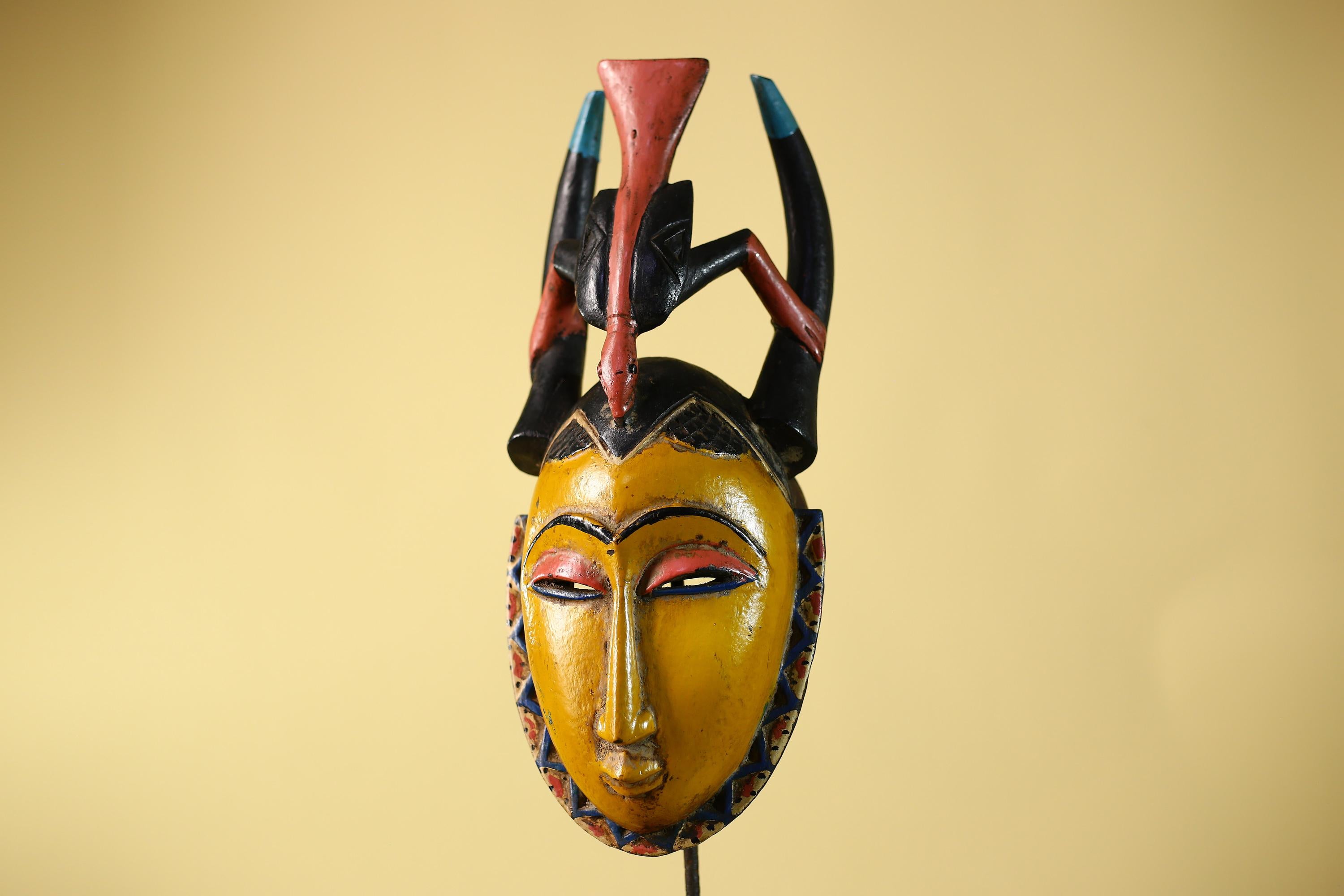 African Mask Baule Horned Crest Wooden Art Tribal Wall Decor-G6117