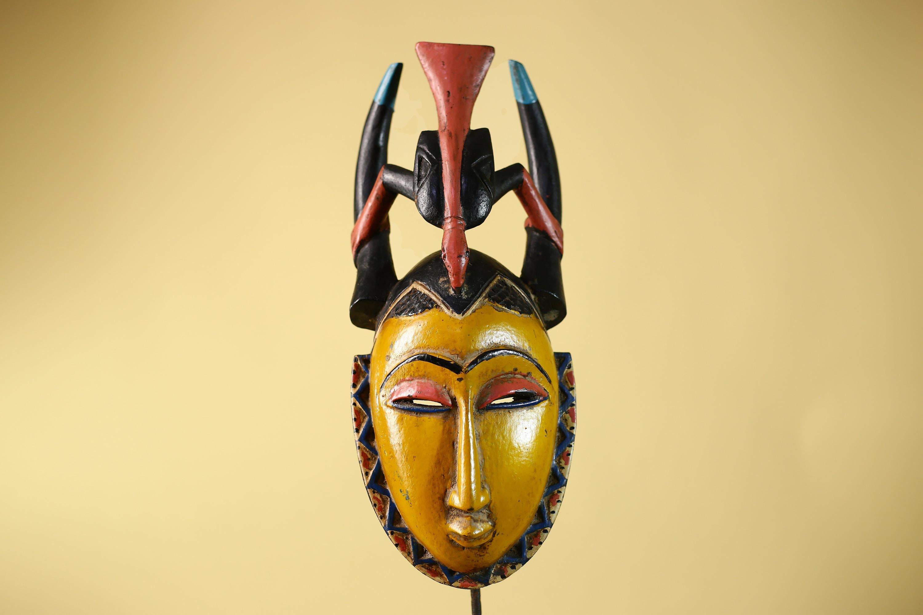 African Mask Baule Horned Crest Wooden Art Tribal Wall Decor-G6117