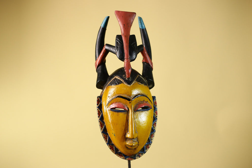African Mask Baule Horned Crest Wooden Art Tribal Wall Decor-G6117