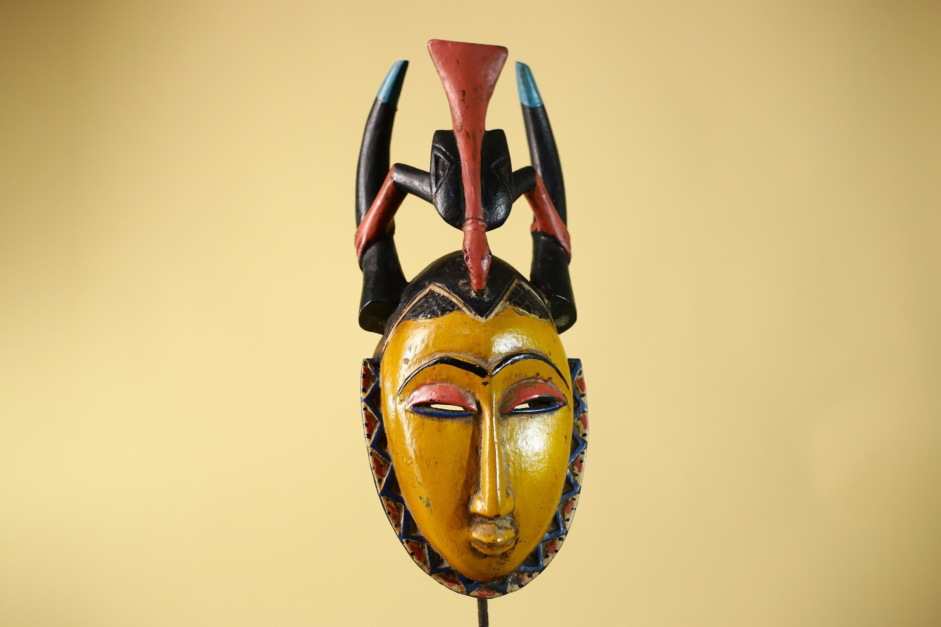 African Mask Baule Horned Crest Wooden Art Tribal Wall Decor-G6117