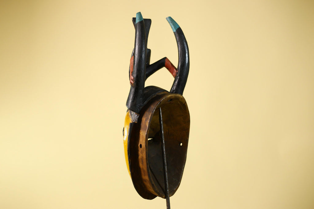 African Mask Baule Horned Crest Wooden Art Tribal Wall Decor-G6117