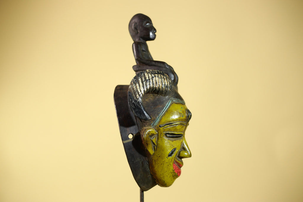 Hand Carved Baule Figure Crest Wooden African Art Tribal Wood Sculpture-G6119