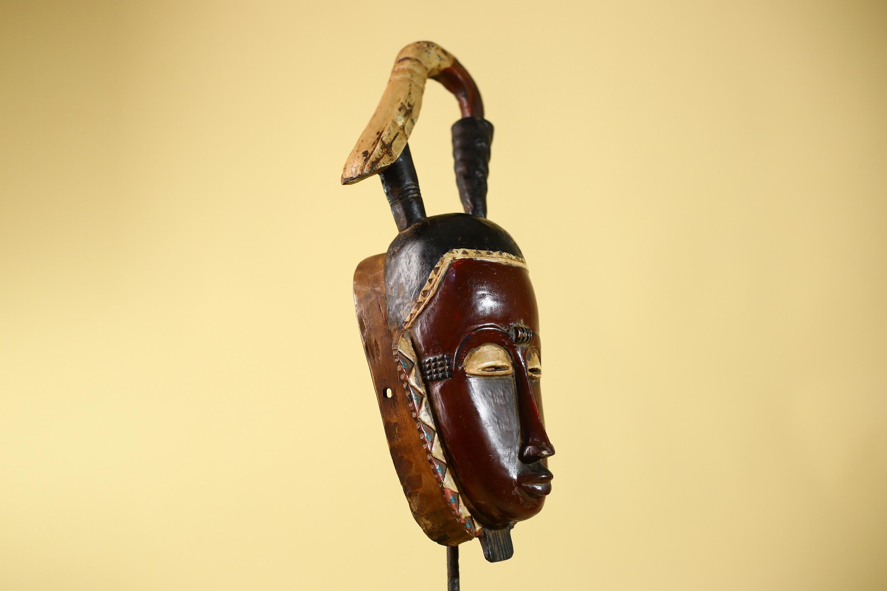 Hand Carved Baule Hooked Crest Wooden Tribal Mask Rare Collector Piece-G6120