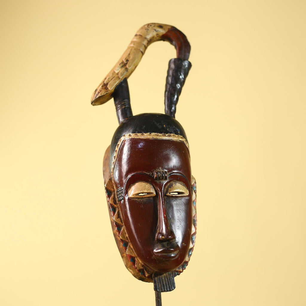 Hand Carved Baule Hooked Crest Wooden Tribal Mask Rare Collector Piece-G6120