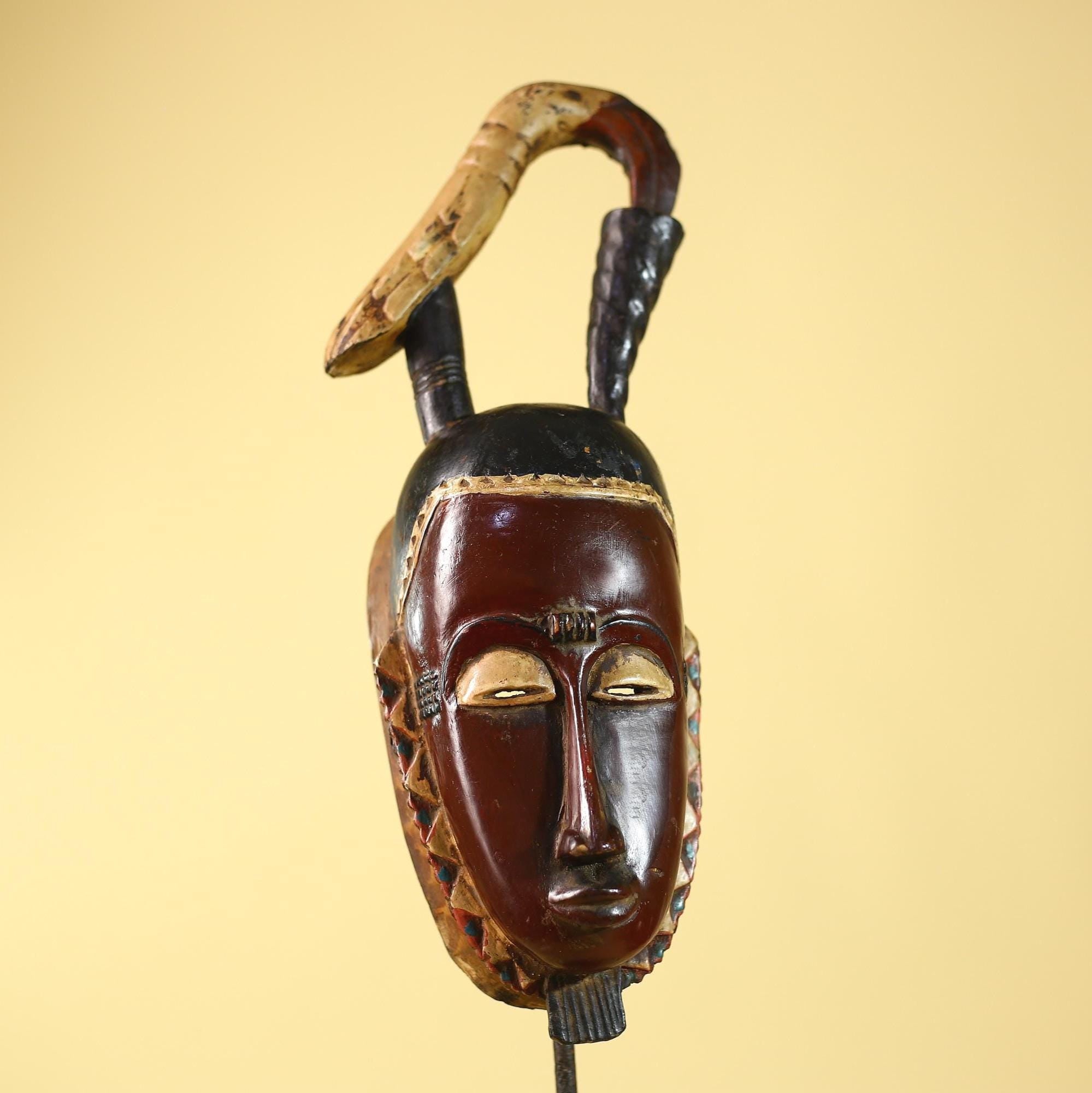 Hand Carved Baule Hooked Crest Wooden Tribal Mask Rare Collector Piece-G6120