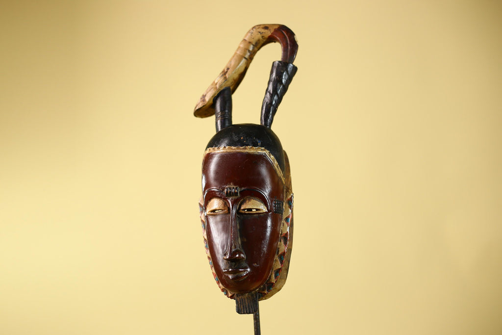 Hand Carved Baule Hooked Crest Wooden Tribal Mask Rare Collector Piece-G6120