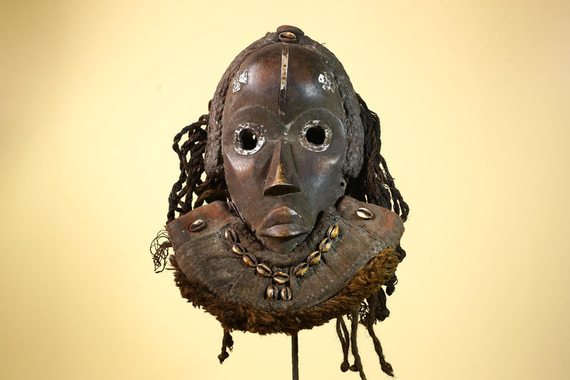 Authentic Carved African Dan Cowrie Shell Adorned Wood Mask with Fiber Hair-G6009