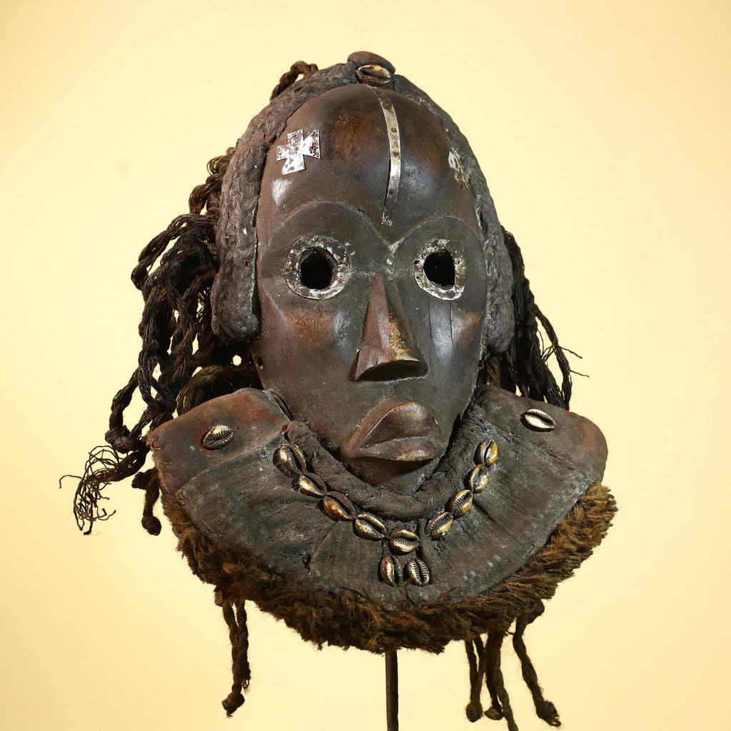 Authentic Carved African Dan Cowrie Shell Adorned Wood Mask with Fiber Hair-G6009
