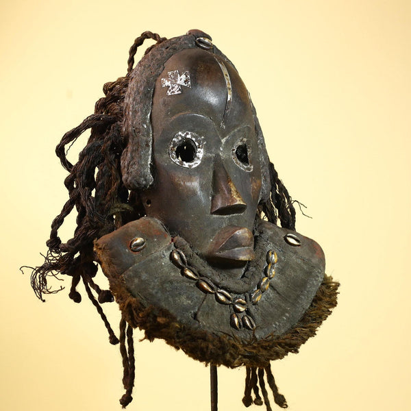 Authentic Carved African Dan Cowrie Shell Adorned Wood Mask with Fiber Hair-G6009