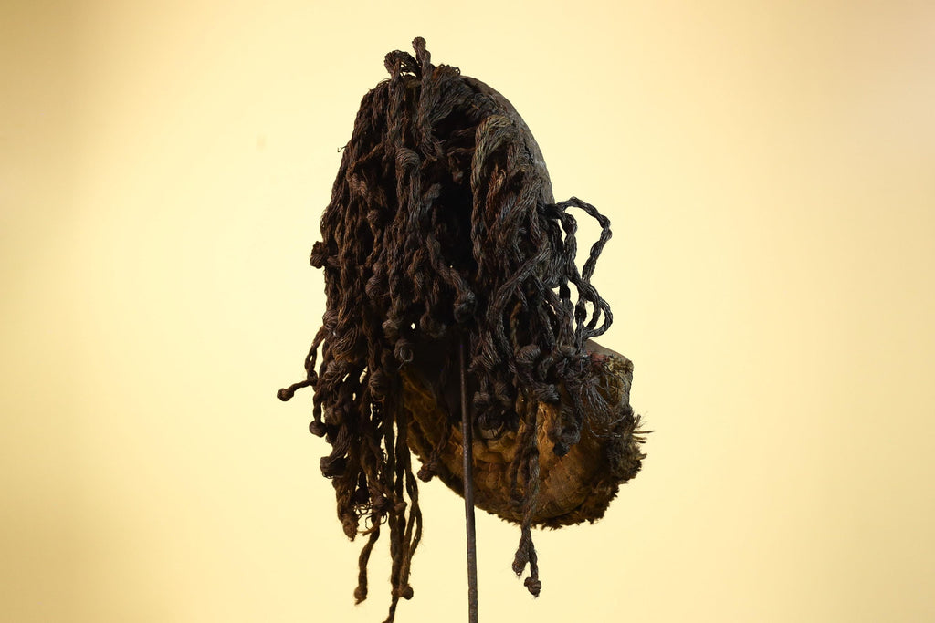 Authentic Carved African Dan Cowrie Shell Adorned Wood Mask with Fiber Hair-G6009