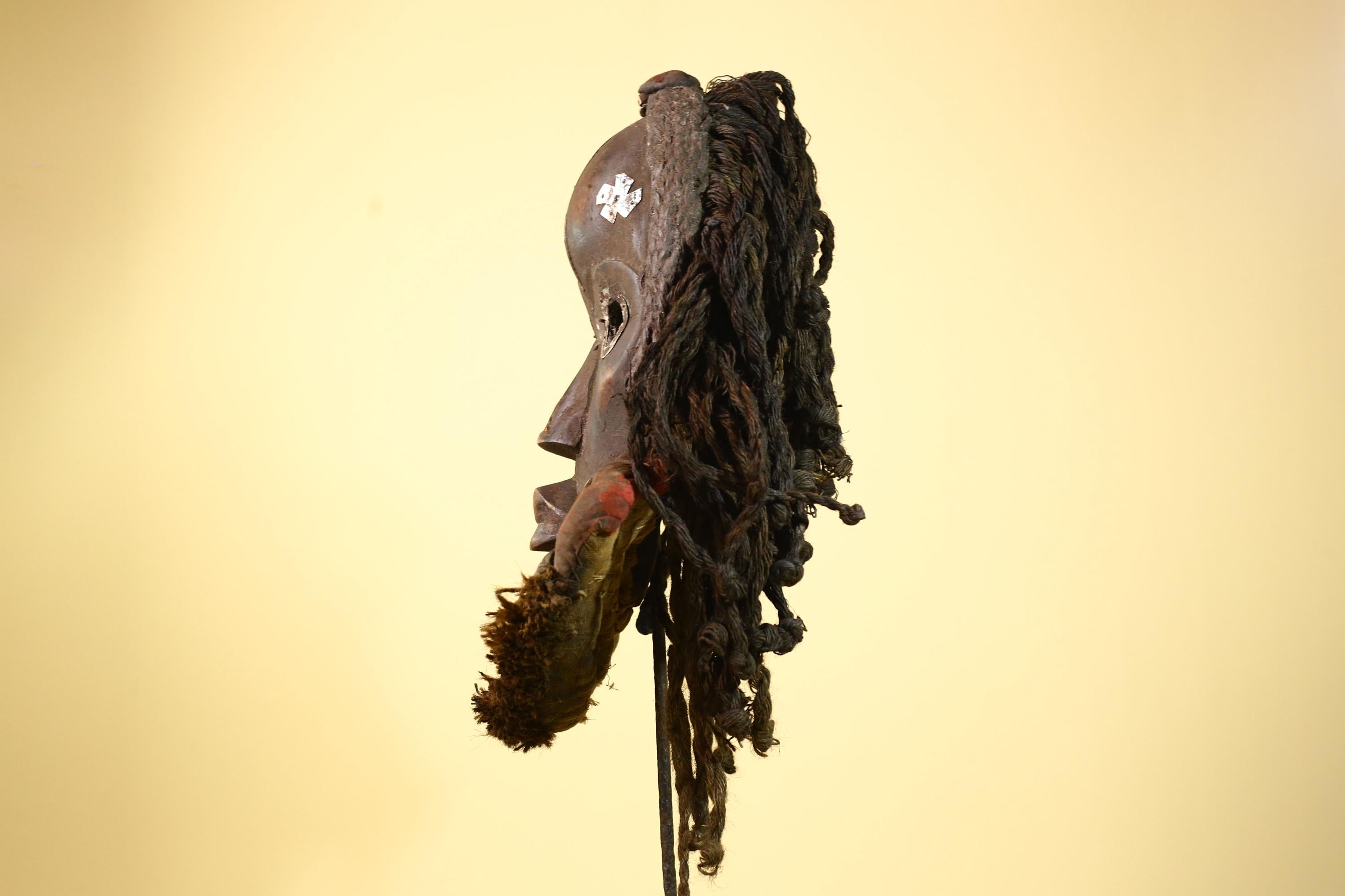 Authentic Carved African Dan Cowrie Shell Adorned Wood Mask with Fiber Hair-G6009