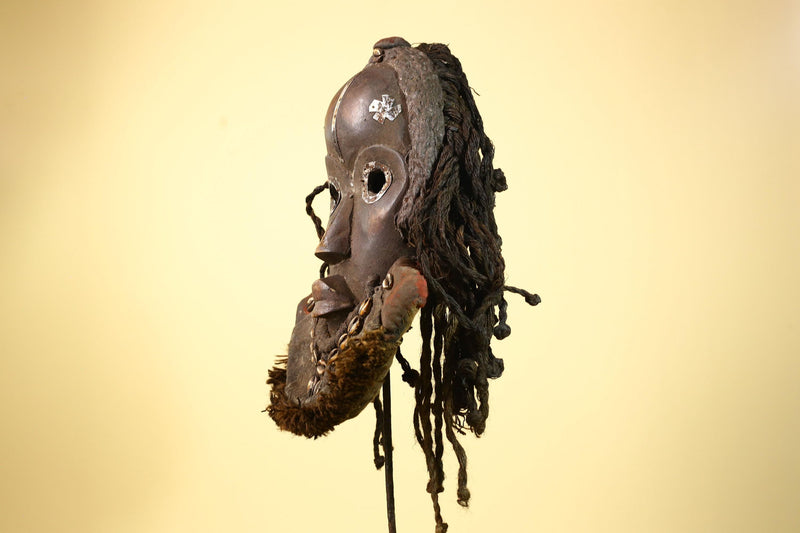 Authentic Carved African Dan Cowrie Shell Adorned Wood Mask with Fiber Hair-G6009