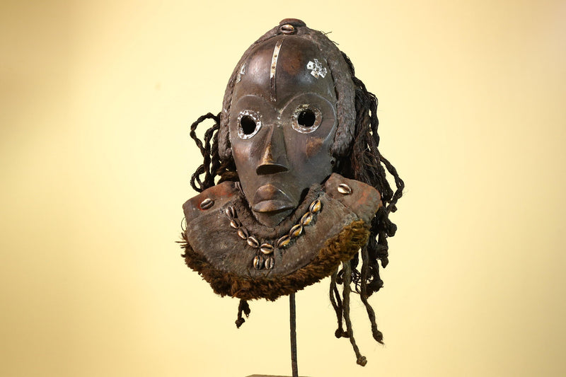 Authentic Carved African Dan Cowrie Shell Adorned Wood Mask with Fiber Hair-G6009