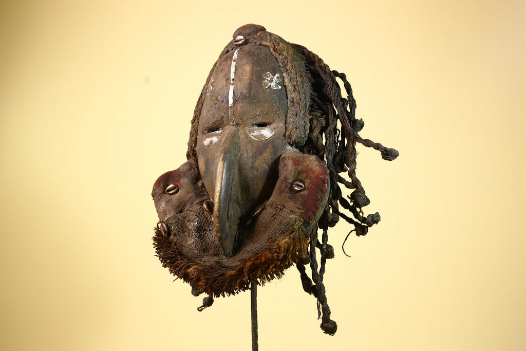 African Vintage Dan Mask with Braided Fiber Hair & Cowrie Shel Details Art-G6010
