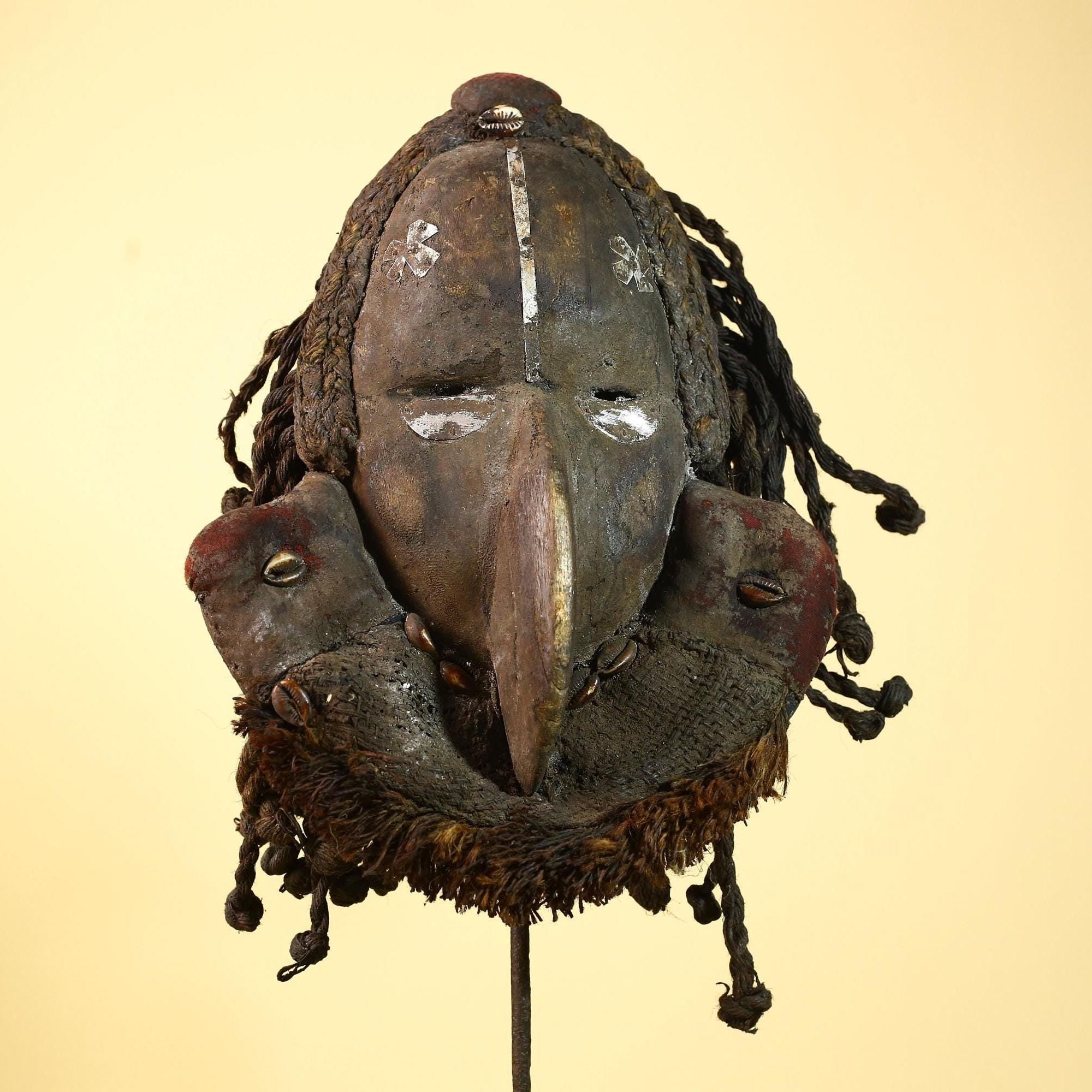 African Vintage Dan Mask with Braided Fiber Hair & Cowrie Shel Details Art-G6010