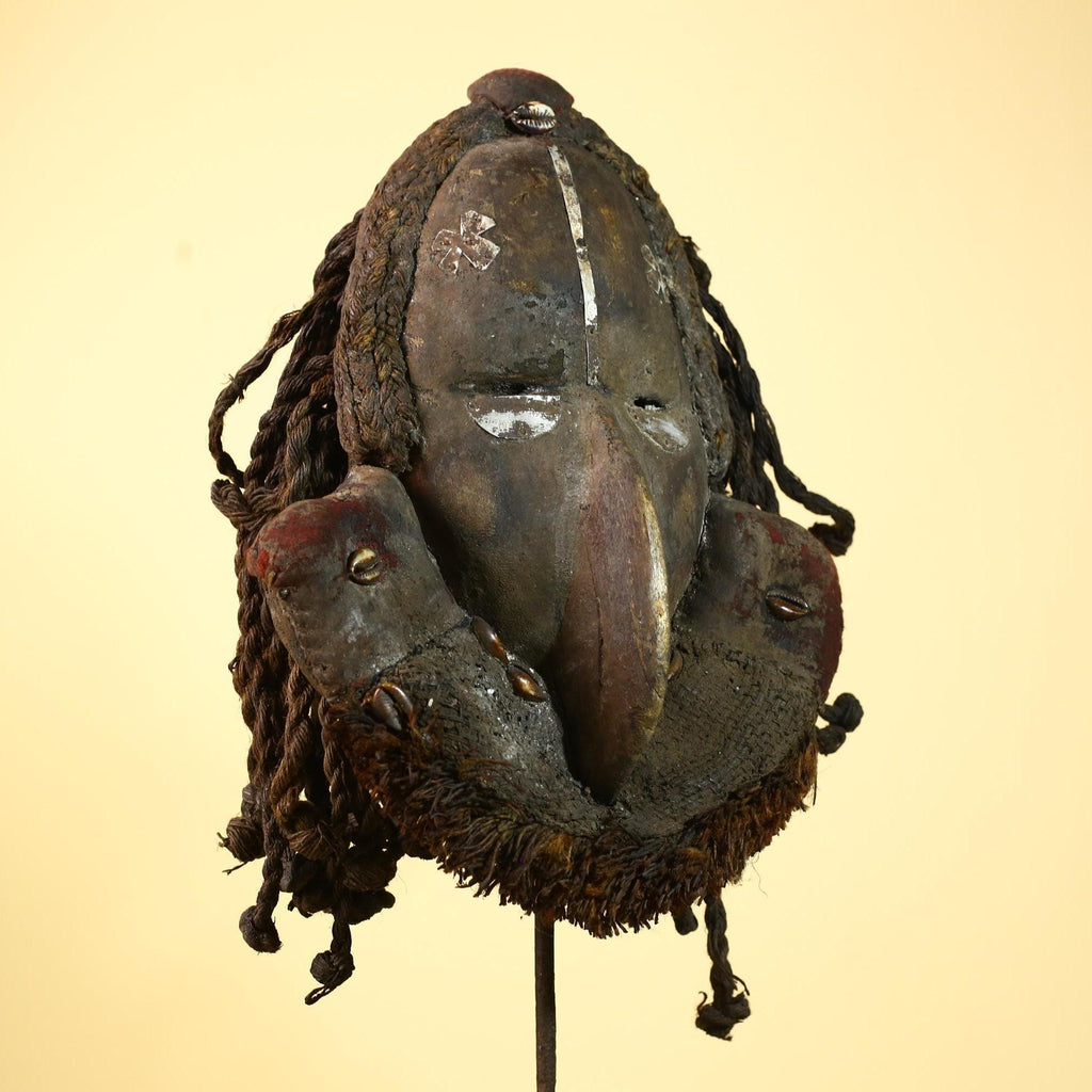 African Vintage Dan Mask with Braided Fiber Hair & Cowrie Shel Details Art-G6010
