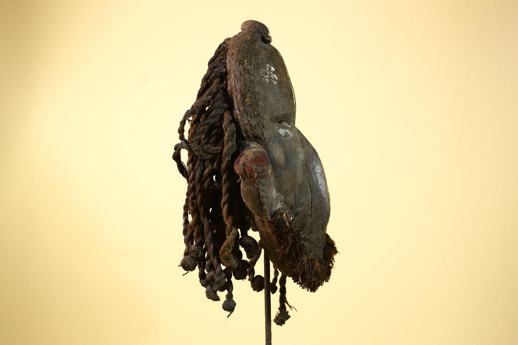 African Vintage Dan Mask with Braided Fiber Hair & Cowrie Shel Details Art-G6010