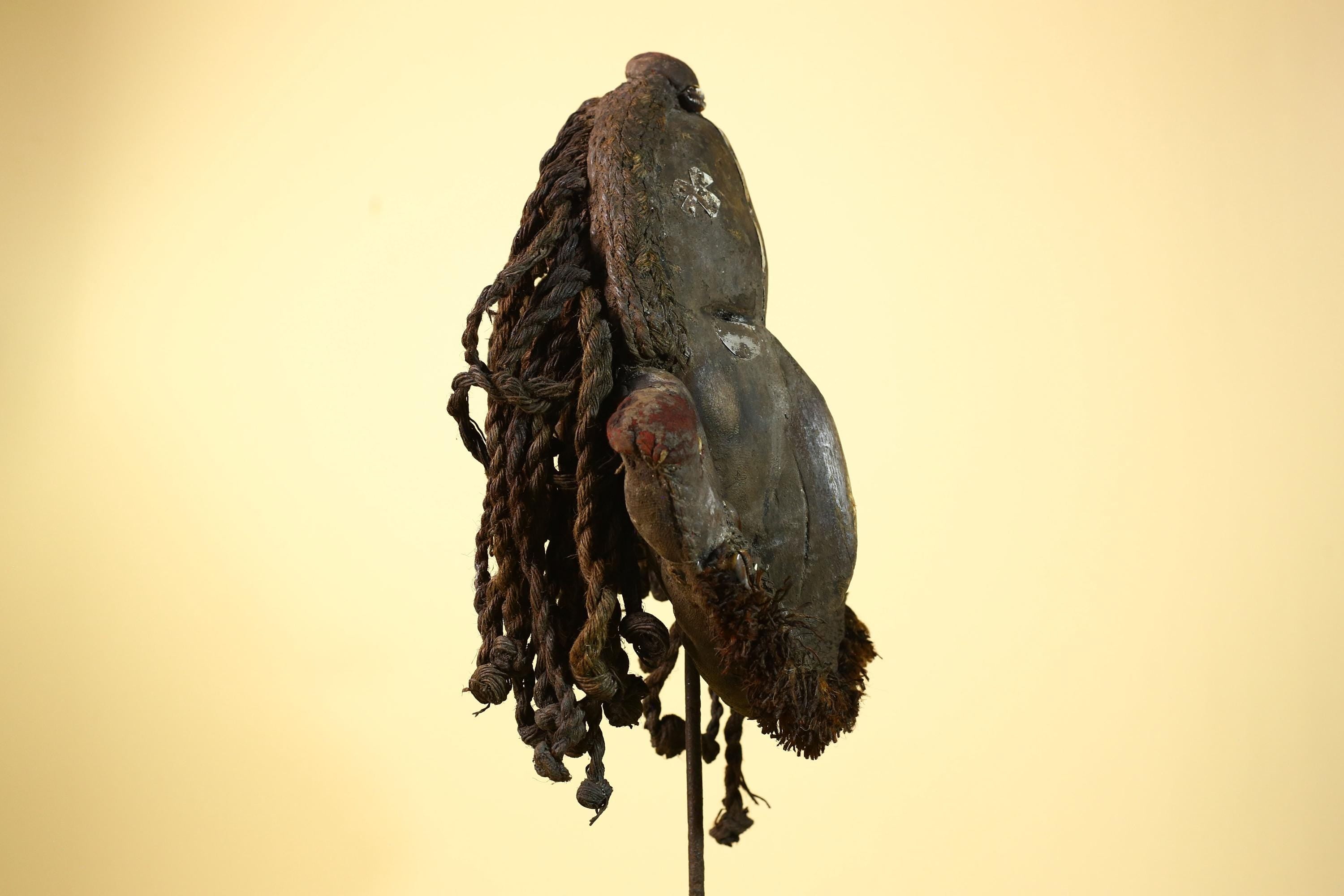 African Vintage Dan Mask with Braided Fiber Hair & Cowrie Shel Details Art-G6010