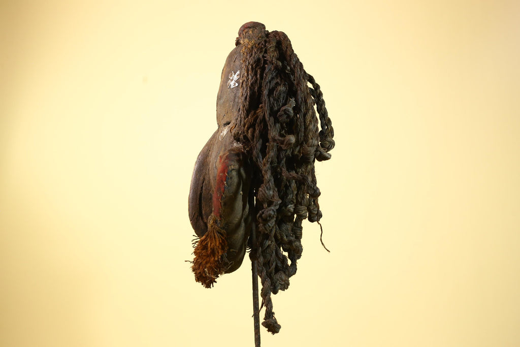 African Vintage Dan Mask with Braided Fiber Hair & Cowrie Shel Details Art-G6010