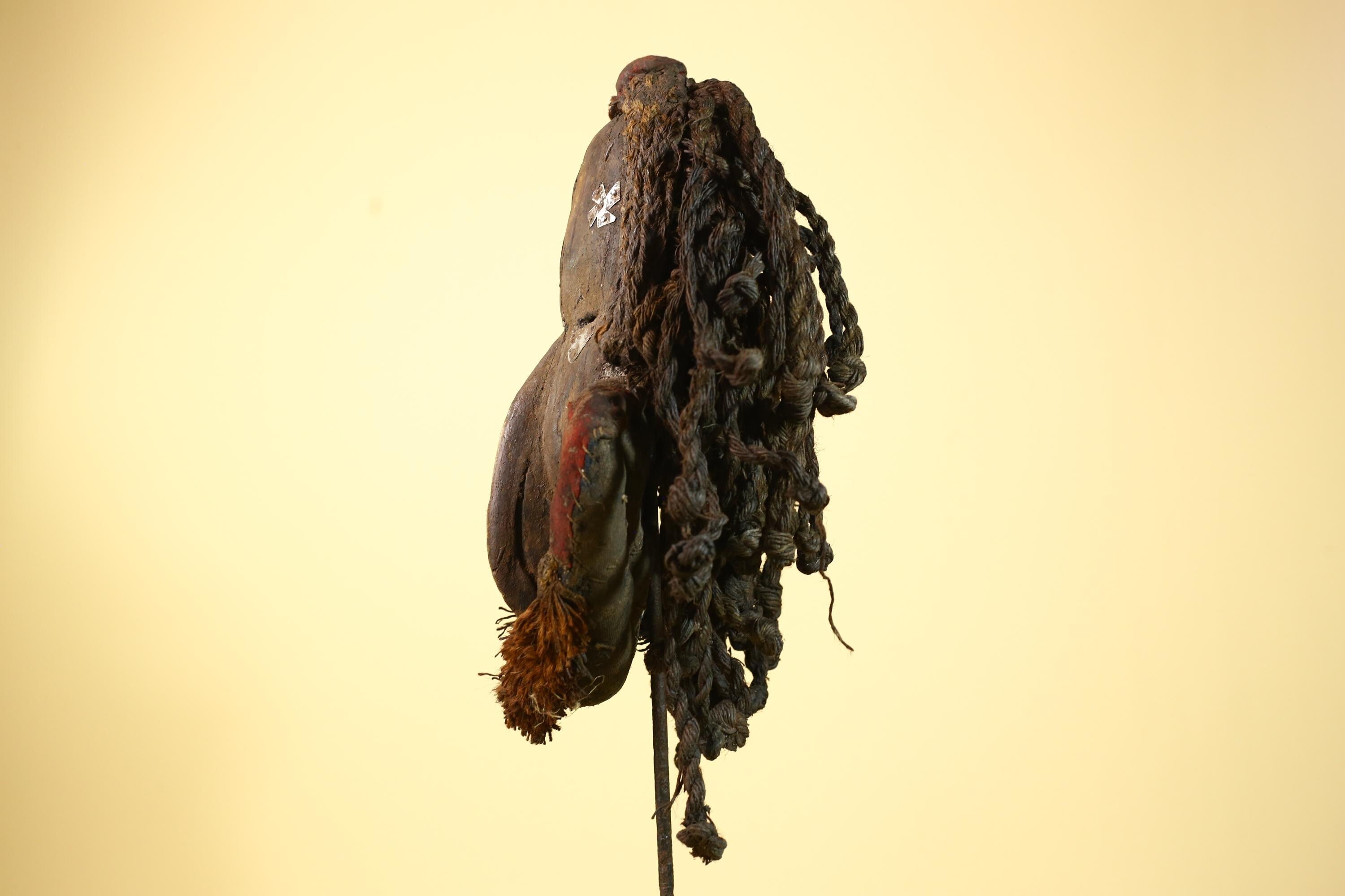 African Vintage Dan Mask with Braided Fiber Hair & Cowrie Shel Details Art-G6010