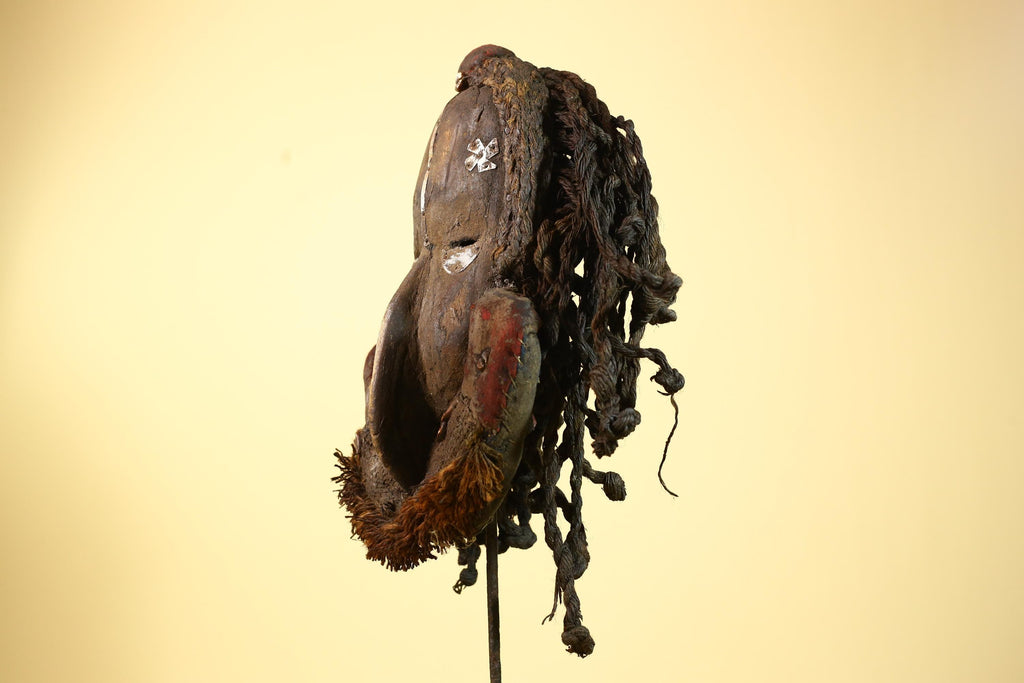 African Vintage Dan Mask with Braided Fiber Hair & Cowrie Shel Details Art-G6010