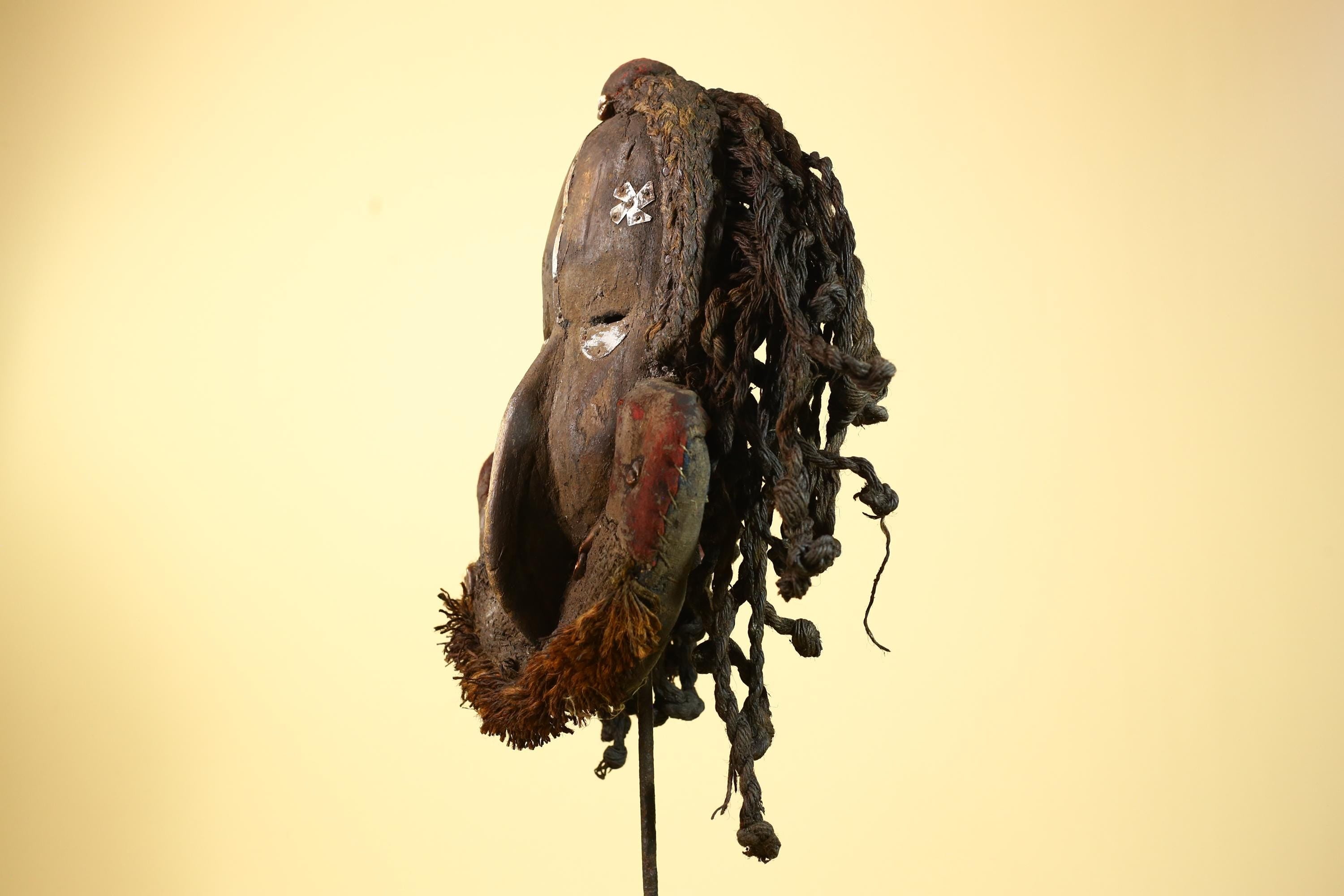 African Vintage Dan Mask with Braided Fiber Hair & Cowrie Shel Details Art-G6010
