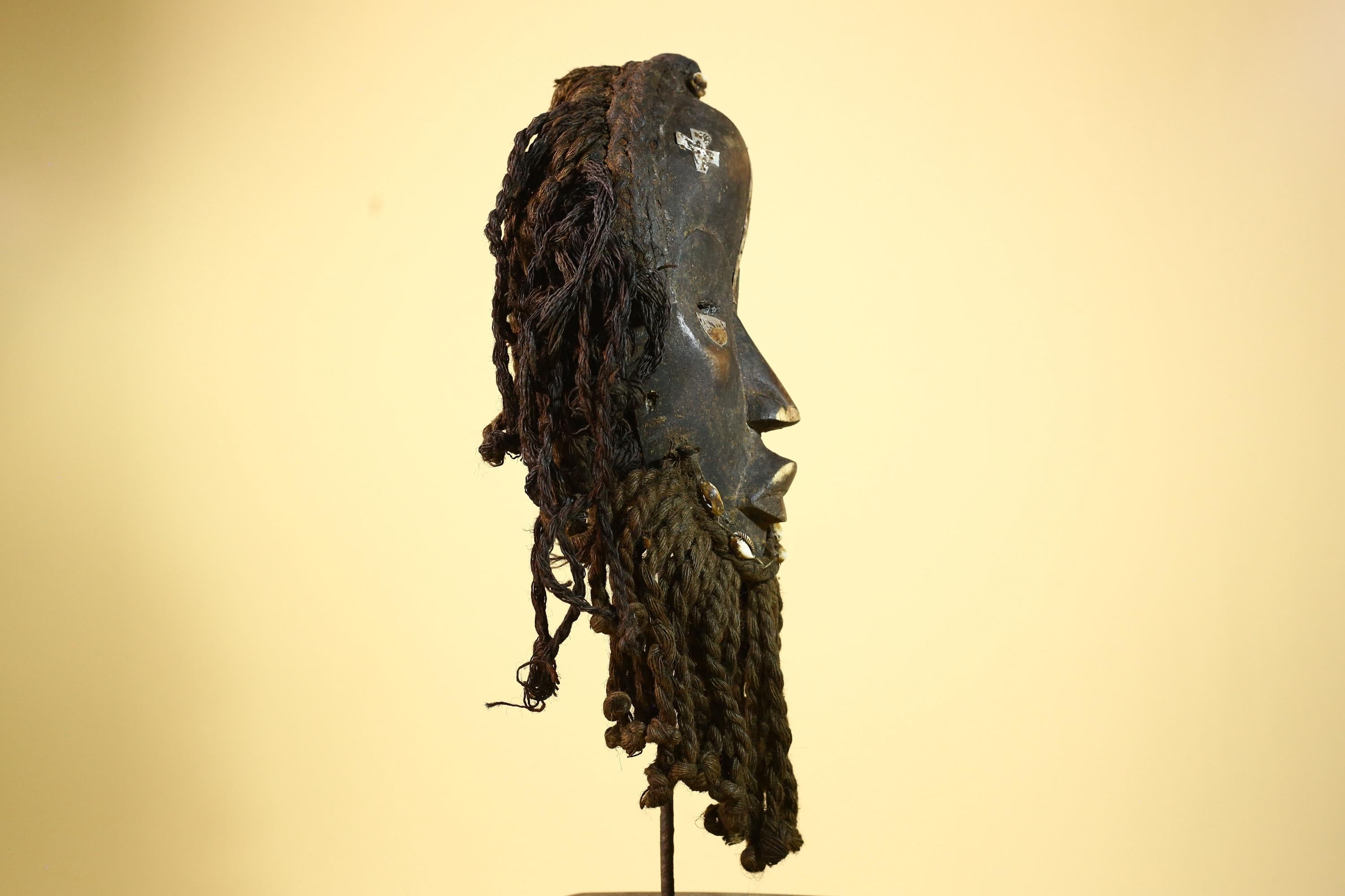 Antique Dan African Mask with Fiber Beard & Cowrie Details Tribal Wood Mask-G6011