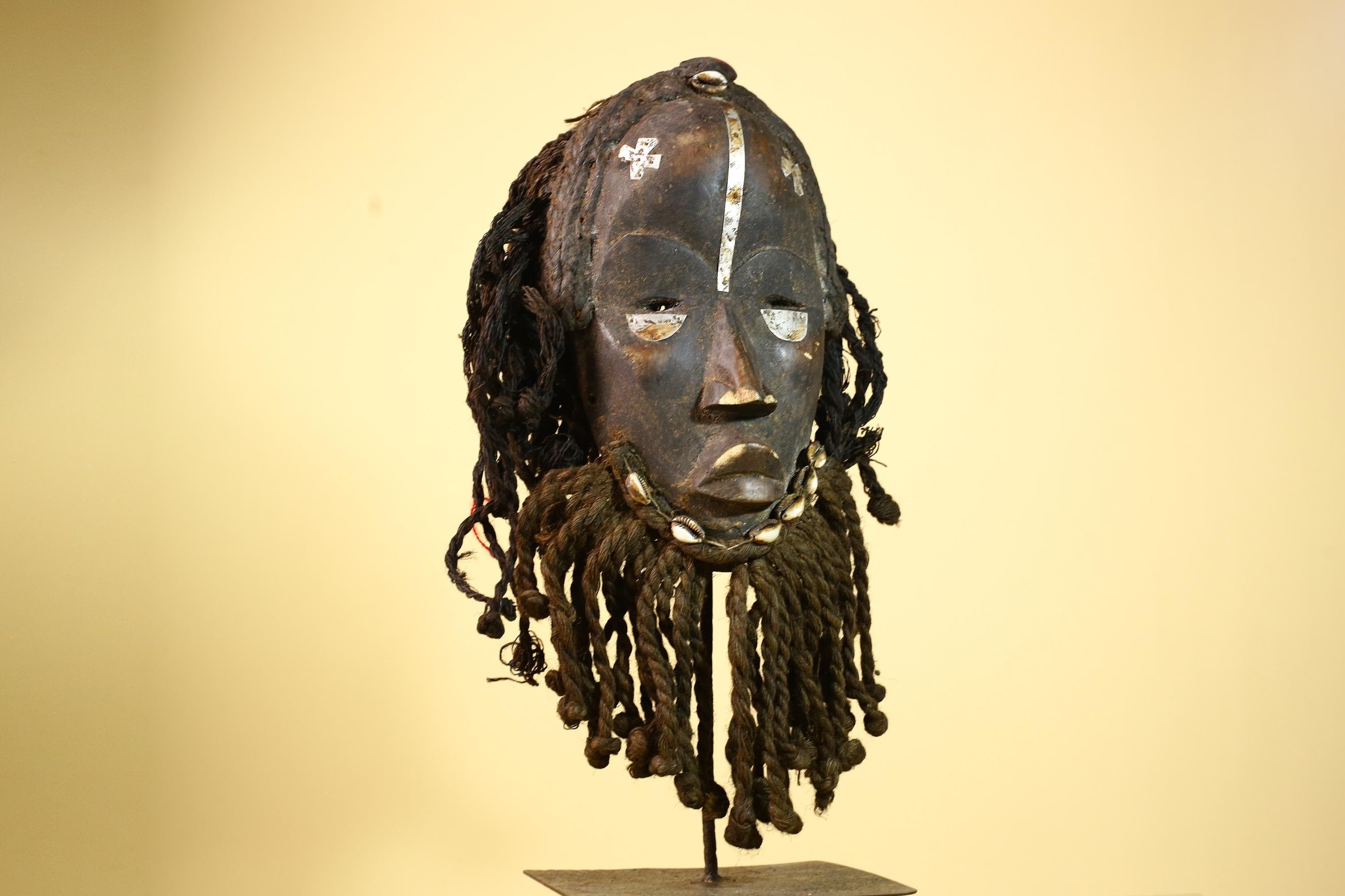 Antique Dan African Mask with Fiber Beard & Cowrie Details Tribal Wood Mask-G6011