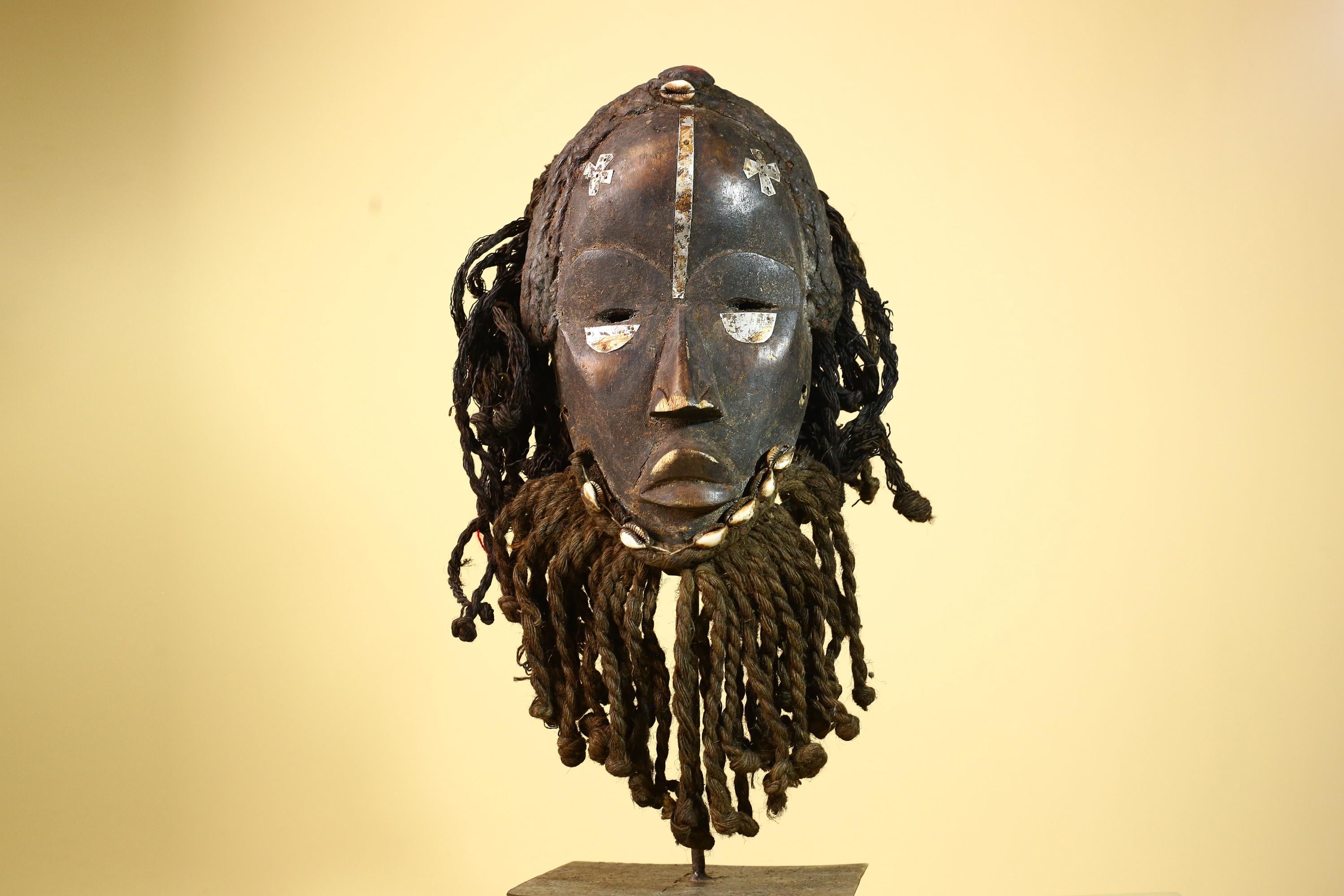 Antique Dan African Mask with Fiber Beard & Cowrie Details Tribal Wood Mask-G6011