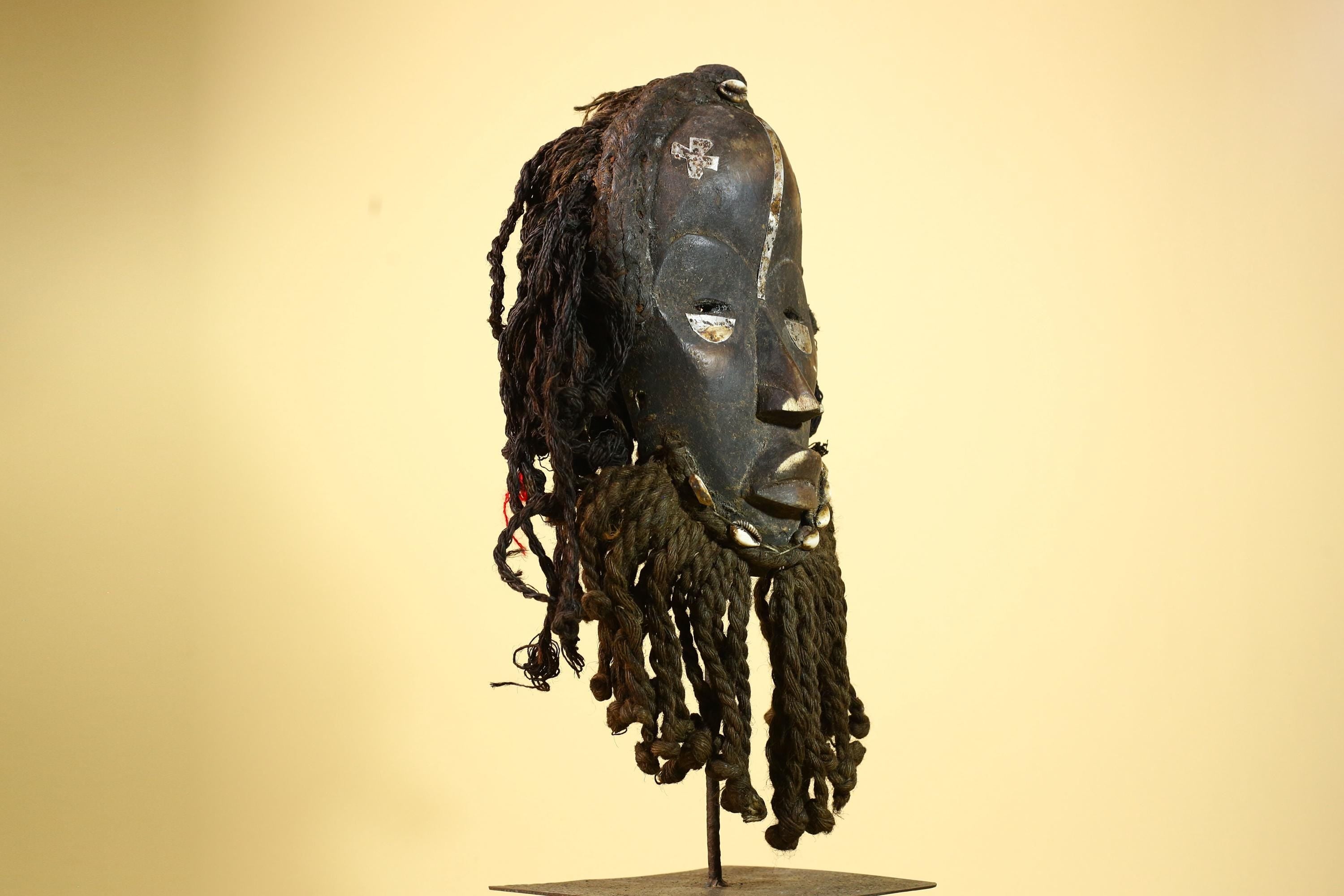 Antique Dan African Mask with Fiber Beard & Cowrie Details Tribal Wood Mask-G6011