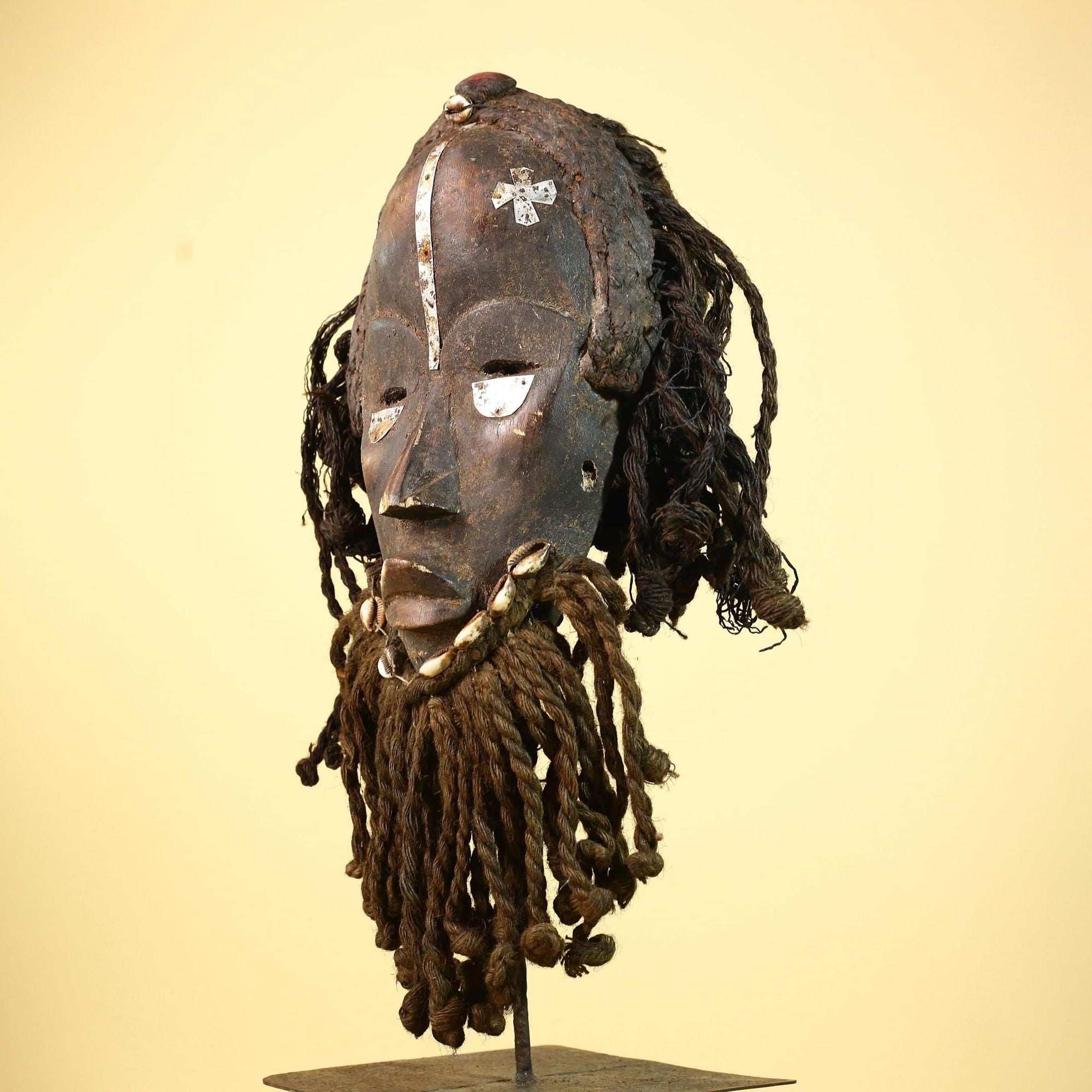 Antique Dan African Mask with Fiber Beard & Cowrie Details Tribal Wood Mask-G6011